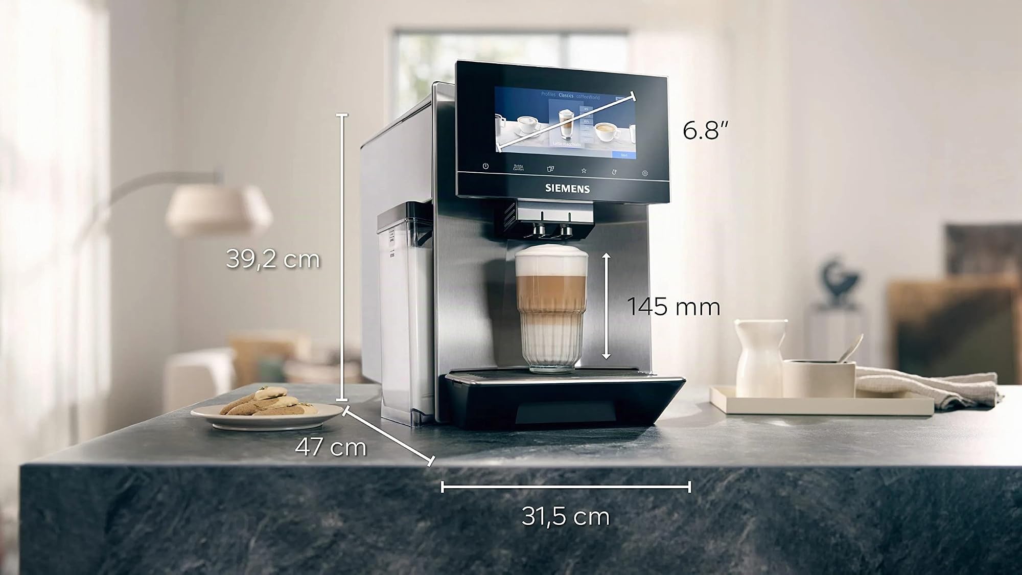 Siemens EQ900 TQ905R03 Machine à café entièrement automatique avec moulin BaristaMode, eGrinder, système BeanIdent, écran iSelect 6,8", application Home Connect, acier inoxydable