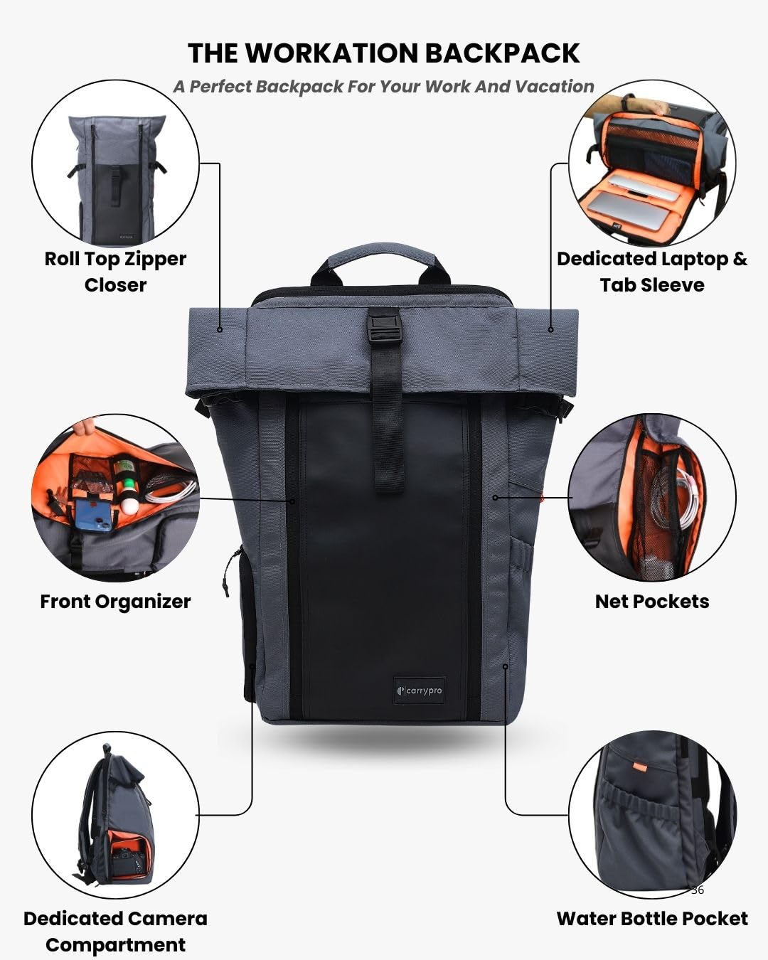 CarryPro HOBO25 V3.0 Roll-Top Zipper Laptop and Camera Travel Backpack (25-30L), Removable Camera Box, Water-Resistant + Raincover, 2-Yr Warranty – For Work, College & Travel (Space Grey) 2