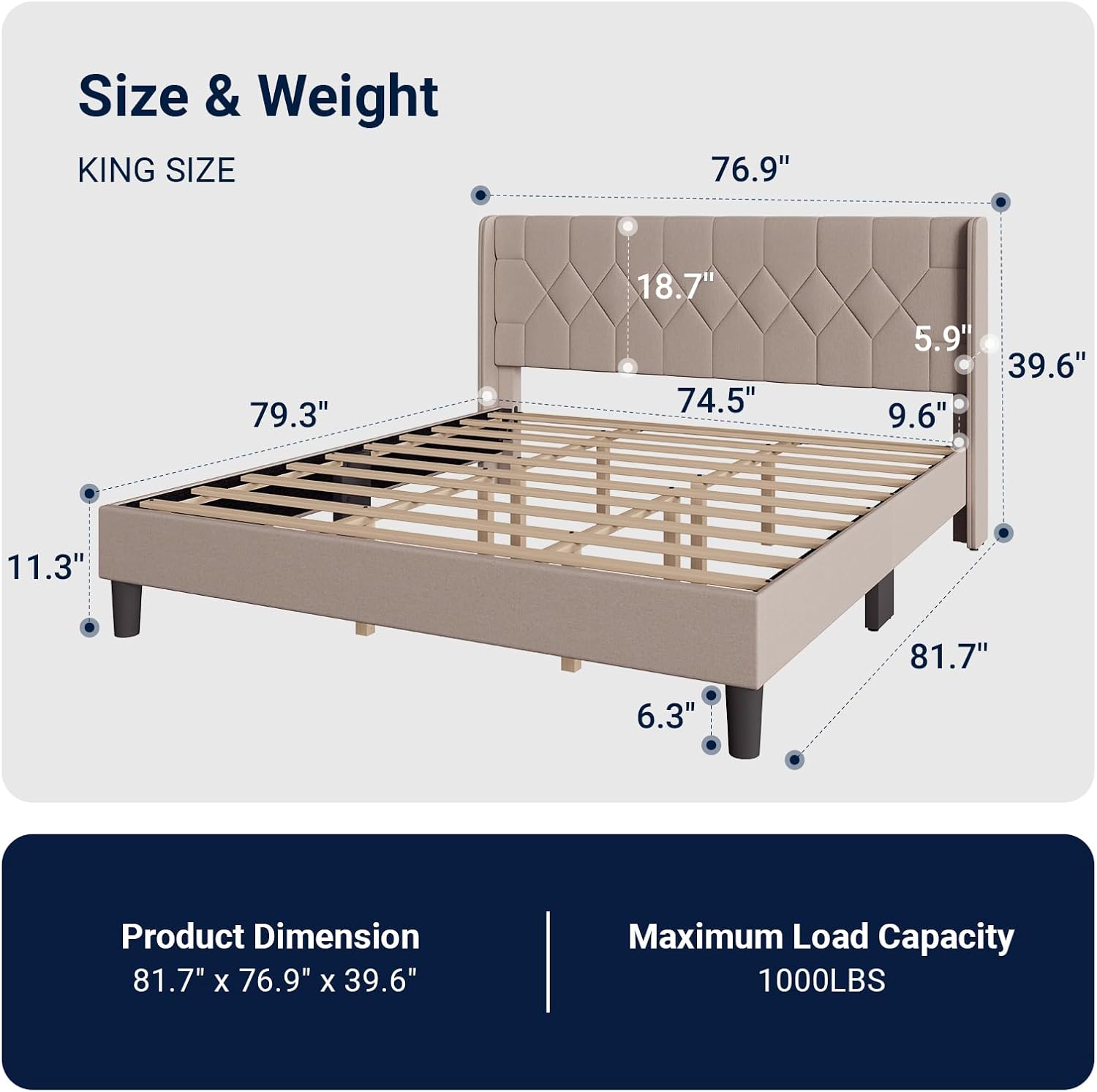Avenco King Size Bed Frame, Upholstered Winged Headboard Platform Bed, Easy Tool-Free Assembly & Under Bed Storage, Beige