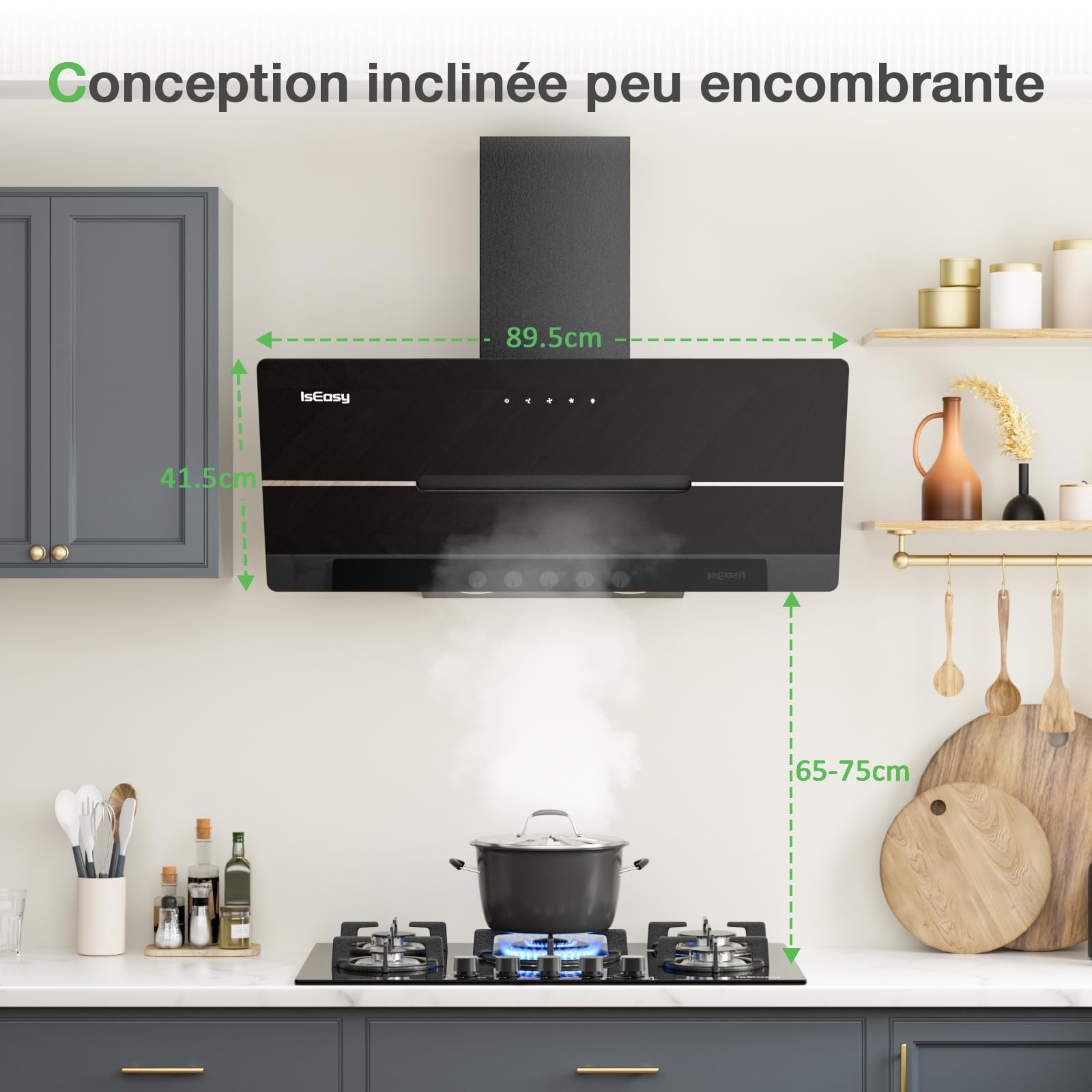 Hotte Aspirante 90cm, IsEasy Hotte Aspirante Inclinée Noir, 578 m³/h Classe A++, 3 Niveaux de Vitesse, Éclairage LED, Hotte Murale Évacuation ou Recyclage, Filtre à Charbon Inclus