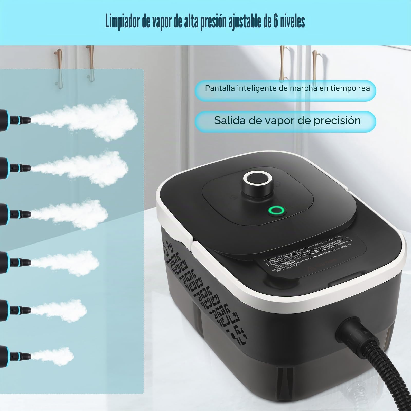Limpiador a Vapor Portátil 2500W, 4.5BAR Alta Presión, Calentamiento 15s, Depósito 1250ml, 9 Accesorios, 2m Manguera - Para Cocina, Coche, Suelo, Ventanas, Barbacoa con 3 Niveles de Vapor