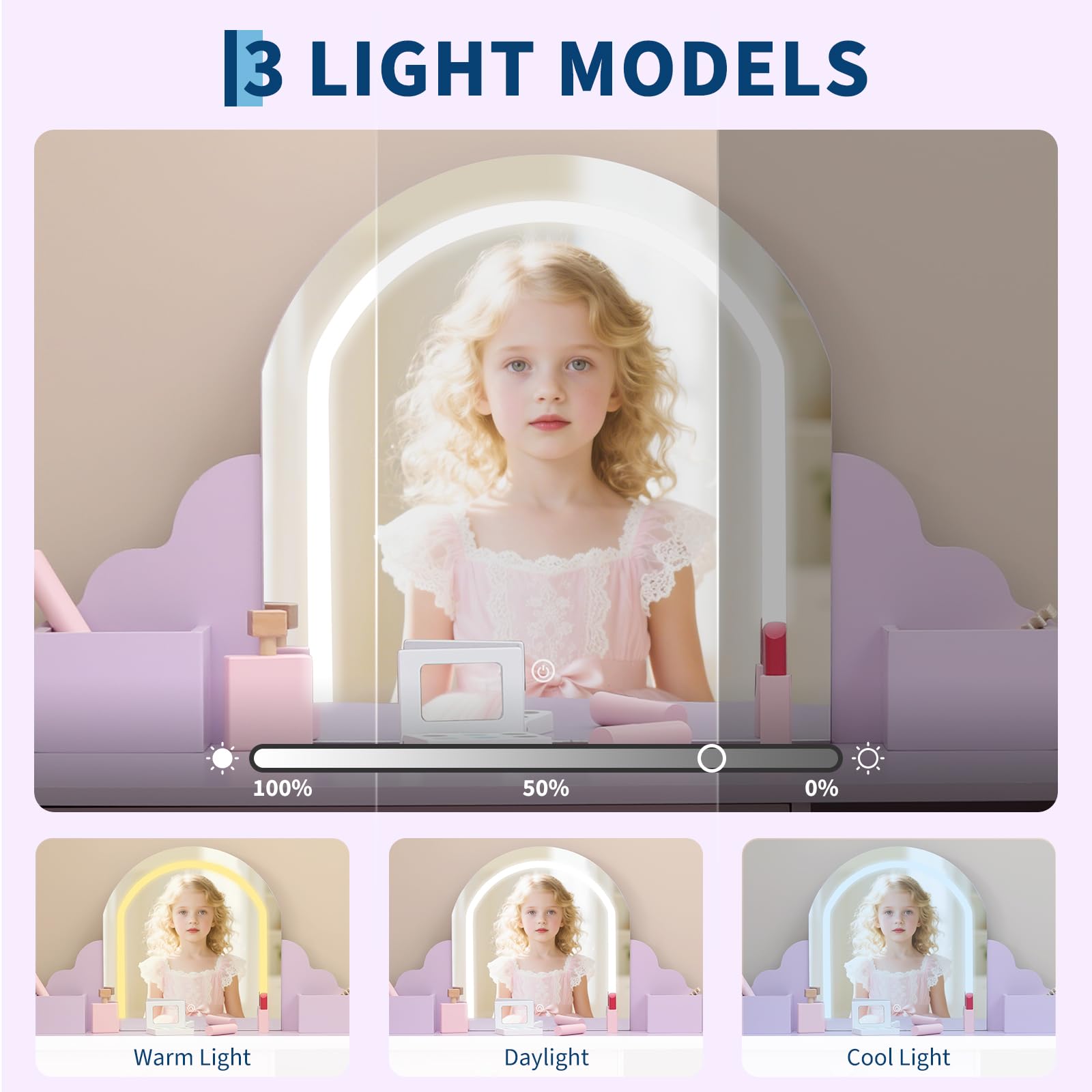 Garvee Kinder-Kosmetiktisch Mit Beleuchtungsspiegel & Hocker – Schminktisch Für Kleine Mädchen Inklusive Holz-Kosmetikset, Verstellbarer LED-Beleuchtung, Für Mädchen Von 3-9 Jahren