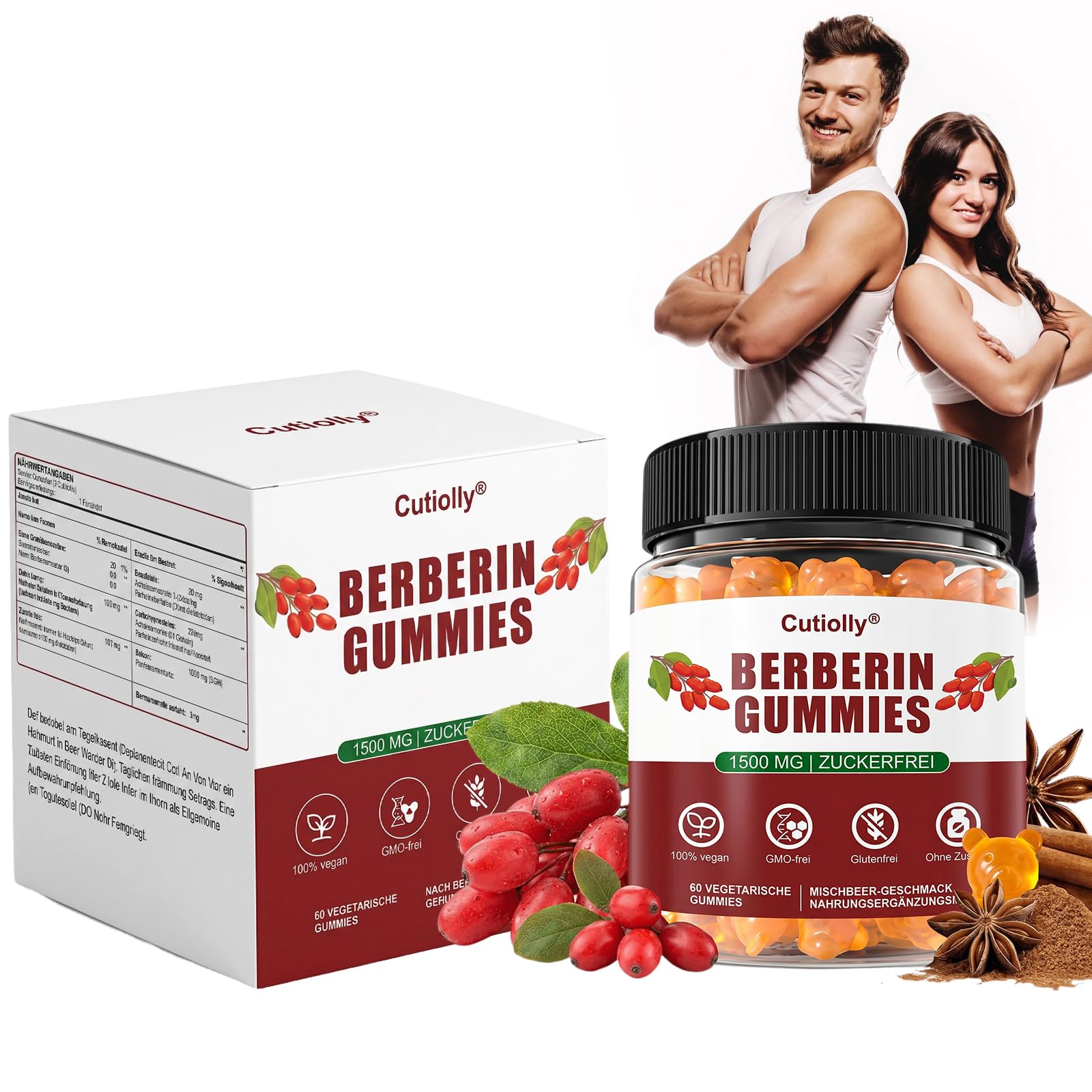 Berberin Gummies,Berberin Gummibärchen,1500mg Hochdosiert Berberine,mit Ceylon-Zimt,Kurkuma,Schwarzem Pfeffer,Zuckerfrei,Vegan,Stoffwechsel & Täglichen Energiebedarf,60 Stück
