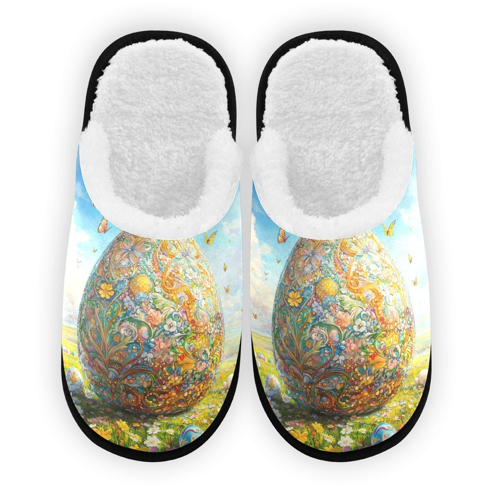 SPRIPORT Beautiful Eggs Flowers Rabbits Easter Green Soft Fabric Spa Slippers for Women Men Washable Reusable Guest House Slippers with Non Slip Soles Travel Slippers for Hotel Travel Indoor M