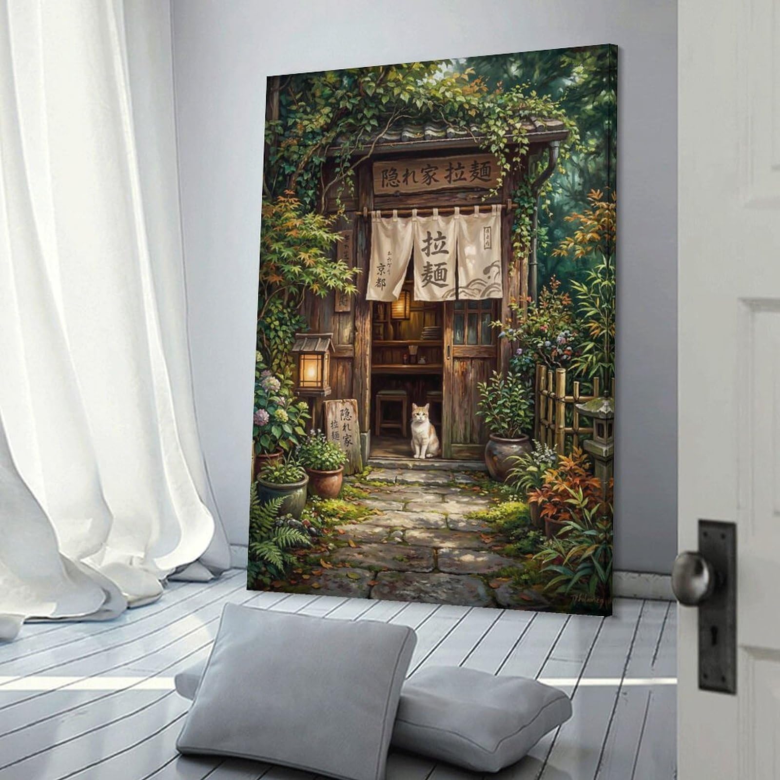 Junmoney Cozy Japanese Ramen Shop Entrance with Cat Wall Decor Canvas Print 24x36inch(60x90cm), for Sofa Walls, Lounge Or Home Corners, Modern Wall Decor for Cosy Interiors
