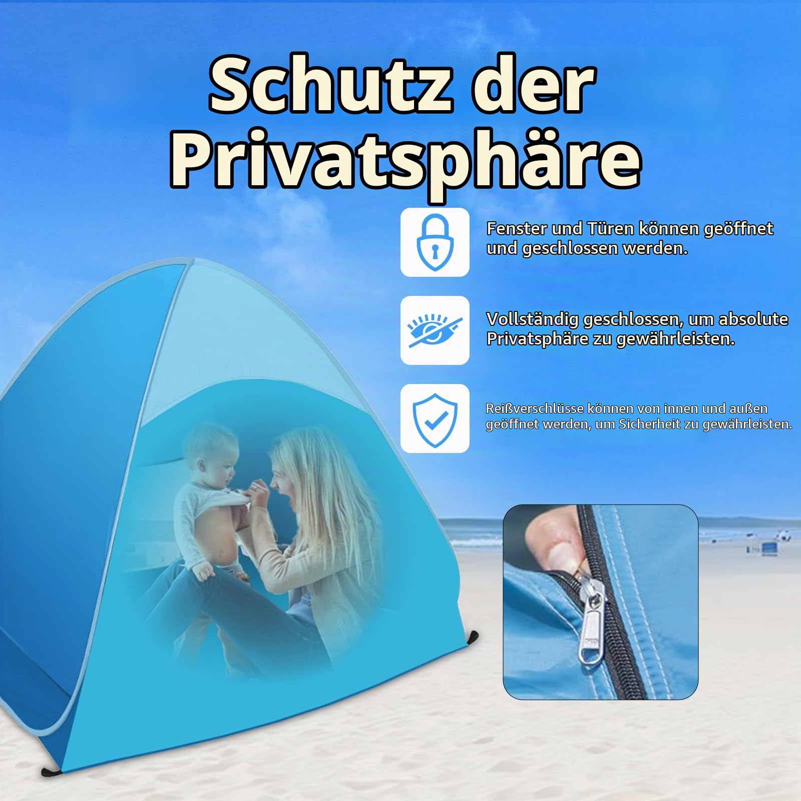 Strandmuschel Pop Up, Tragbares Automatisches Wasserdichtes Schattenzelt, UPF 50+ Strandzelt für 1-3 Persone, Pop-up Wasserdicht tragbar Wurfzelt, Beach Zelt für Camping Garten Strand