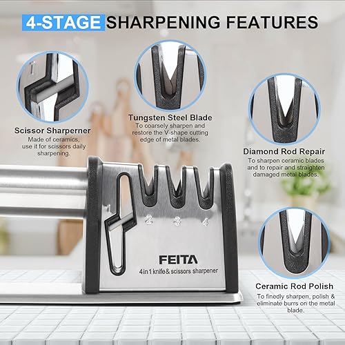 Miniatura 6 de FEITA - Herramienta afiladora de cuchillos 4 en 1, herramientas de afilado de cuchillos y tijeras, los mejores accesorios de cocina de acero