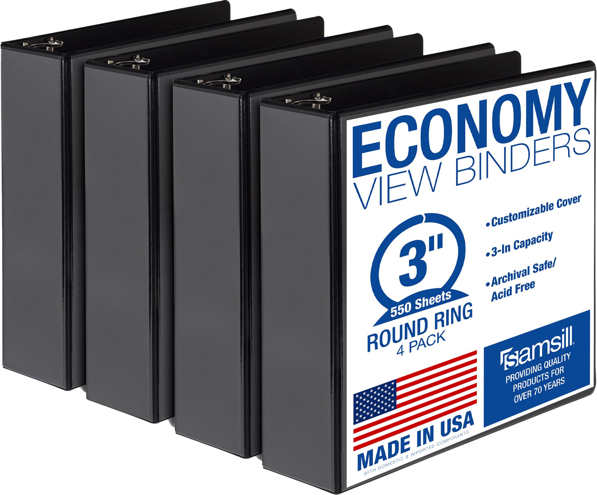 Samsill 3 Inch 3 Ring Binders, Made in USA, Economy Round Ring, Clear View Cover, 550 Sheet Capacity - for School, Home, Office - Black, 4 Pack — image 1