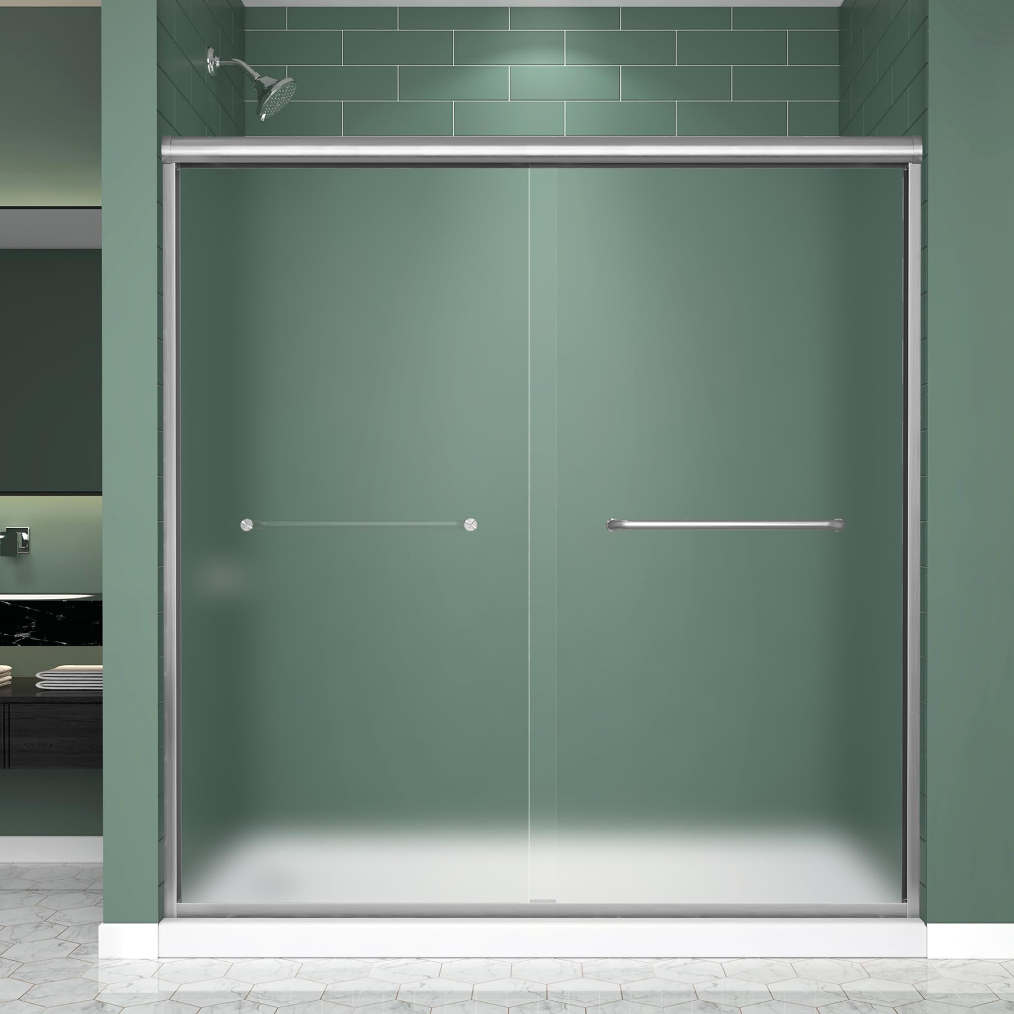 Frosted Double Sliding Shower Door 61-61-66" W x 70" H, Brushed Nickel, Bypass Shower Door, Framed, 1/4" (6mm) Tempered Glass