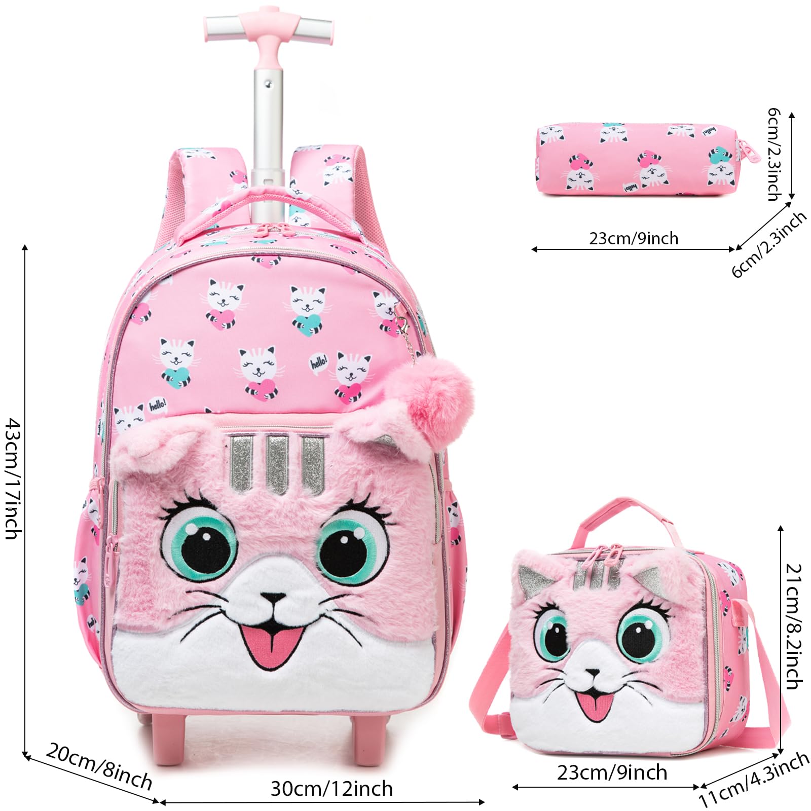Sac a Dos Roulette Fille Enfant Cartable Cabine Primaire Valise École Maternelle Sacs à D'école pour Voyage de Bagages Ensemble Grand Étudian Simple Poches Tissu Peluche Rose Chat