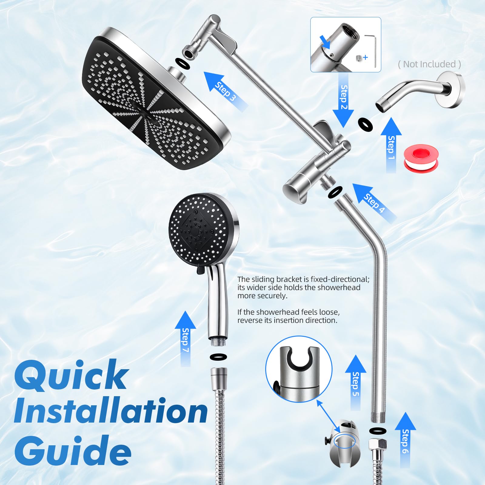 Shower Head with Handheld, 12" High Pressure Rain Shower Heads with Filtered Handheld Spray Combo & Adjustable Extension Arm, Silver Showerheads & Hand Held Showers Set for Bathroom — view 6