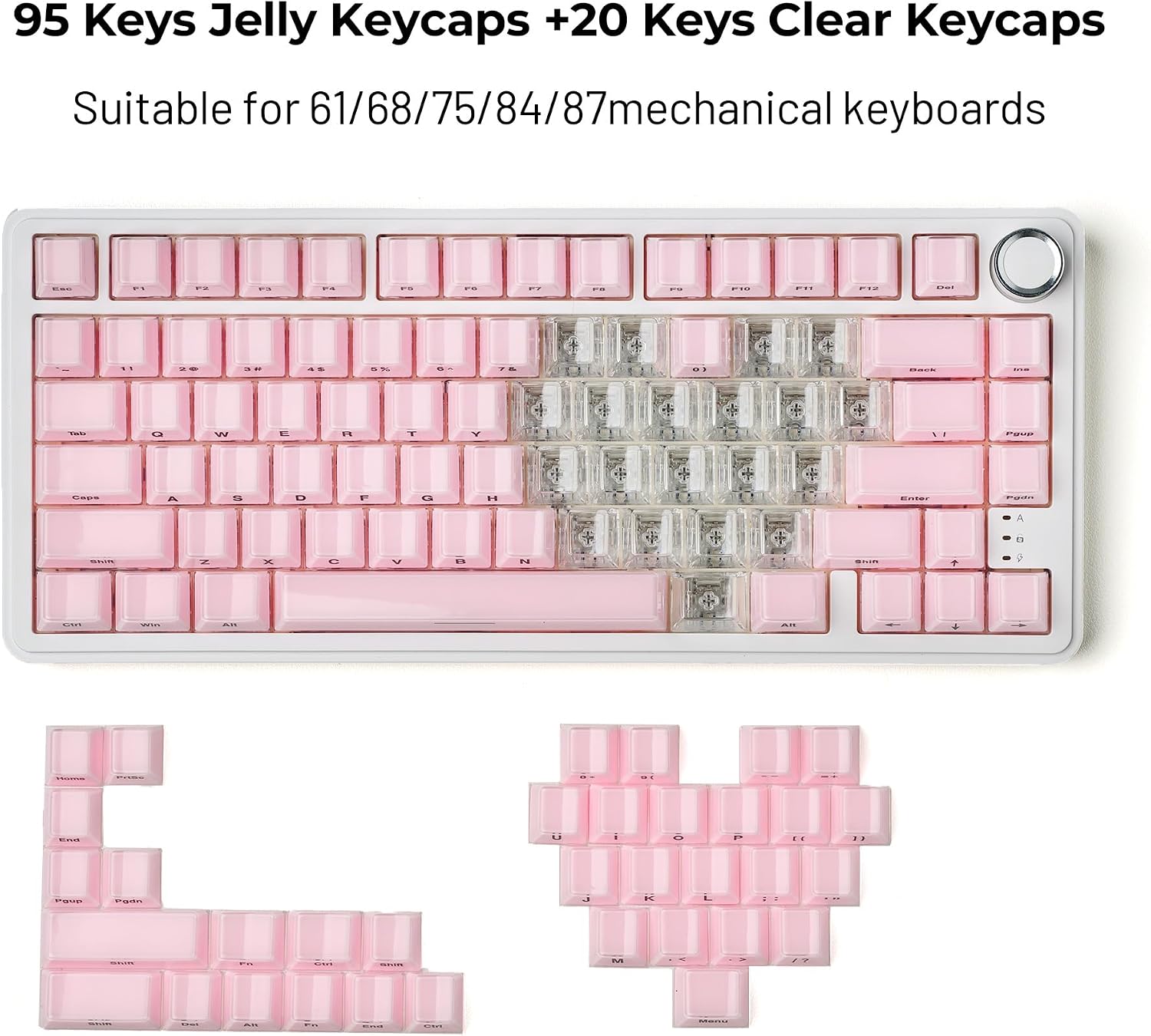 HITIME XVX Crystal Jelly Keycaps 75 Percent, Cute Custom Keycaps 95 Keys with 20 Keys Clear Key caps, Cherry Profile for 61/68/84/87 Cherry Gateron MX Mechanical, Side Printed, Pink image 2