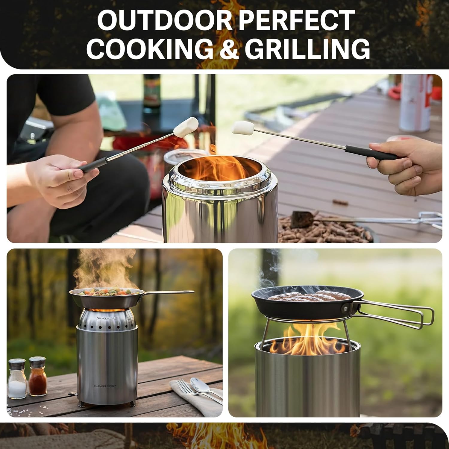 CHANGE MOORE Table Fire Pit Set & Cap, Portable Smokeless Firepit with Flodable Stand, Secondary Burn Fueled by Pellets or Wood, 201 Stainless Steel Table Top Firepit for Patio, Camping, Backyard