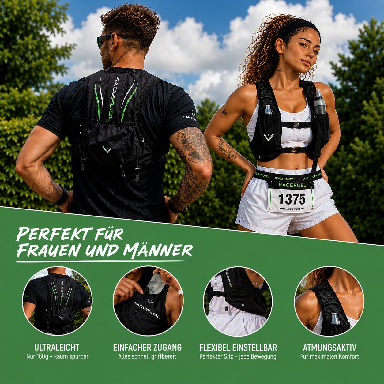 RACEFUEL – Ultraleichte Trinkweste 245 g für Damen & Herren, One Size – Laufweste für Trailrunning, Laufen, Wandern & Radfahren – reflektierend, faltbar