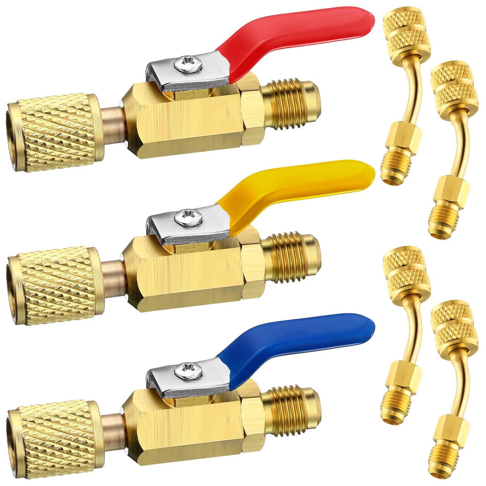 Mudder 7 Pcs Air Conditioning Refrigerant Compact Ball Valve 1/4 Inch for R410A R134A R12 R22 HVAC Adapter 5/16Inch Female to 1/4Inch Male Flare (3 Straight Ball Valve, 4 Angle Adapter)
