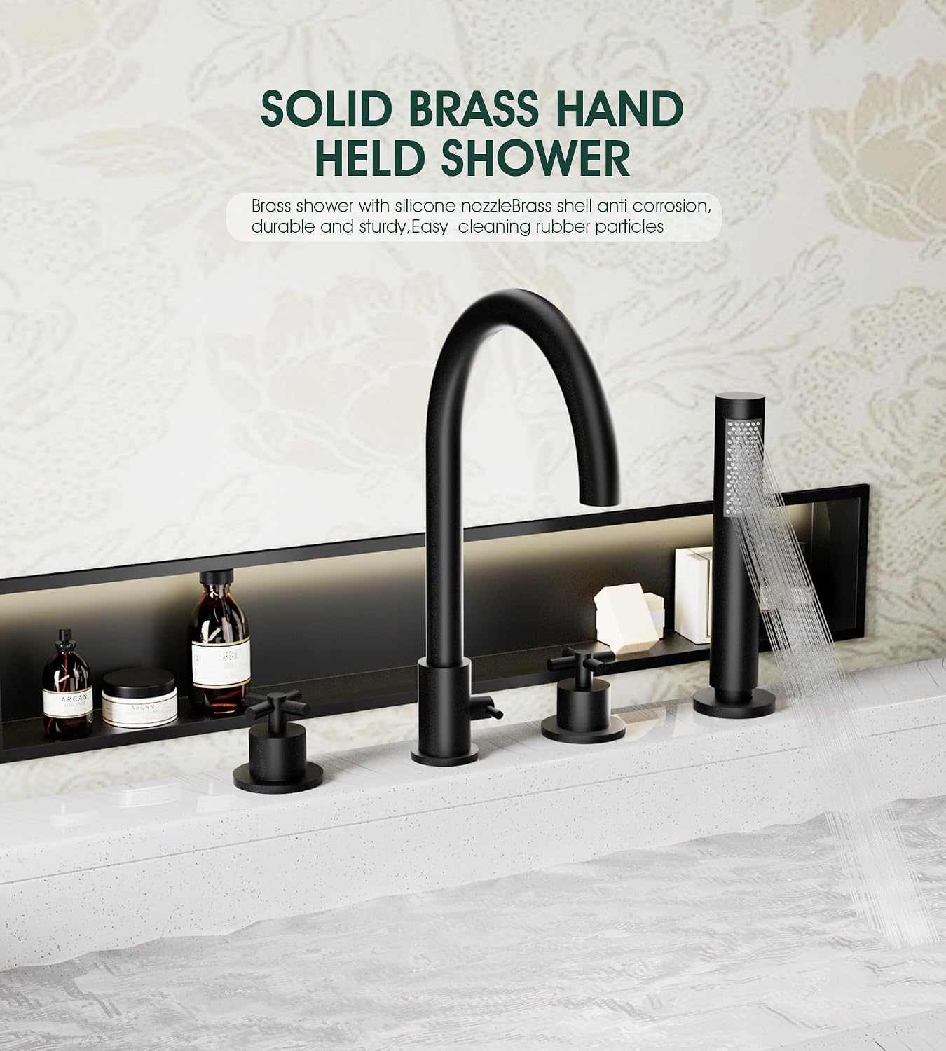 Roman Tub Faucet with Handheld Shower, 2 Handles 4-Hole High Arc Waterfall Deck Mount Bathtub Faucet, Solid Brass Bathtub Faucet Set with Rough-in Valve (Matte Black)