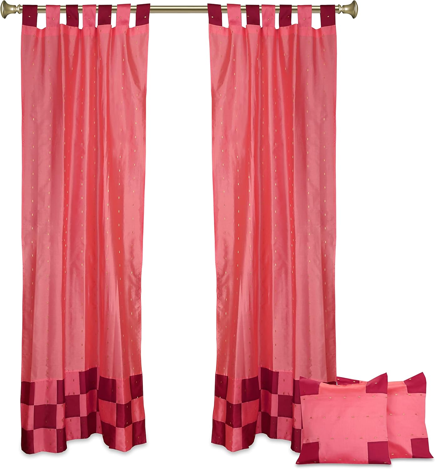 4 Pc Set of Indian Curtains - Boho Curtains for Bedroom - Sari Bohemian Curtains & Drapes for Living Room 96 Inch Length with 2 Panels, 2 Cushion Covers - Cute Door Closet Curtains Pink Maroon