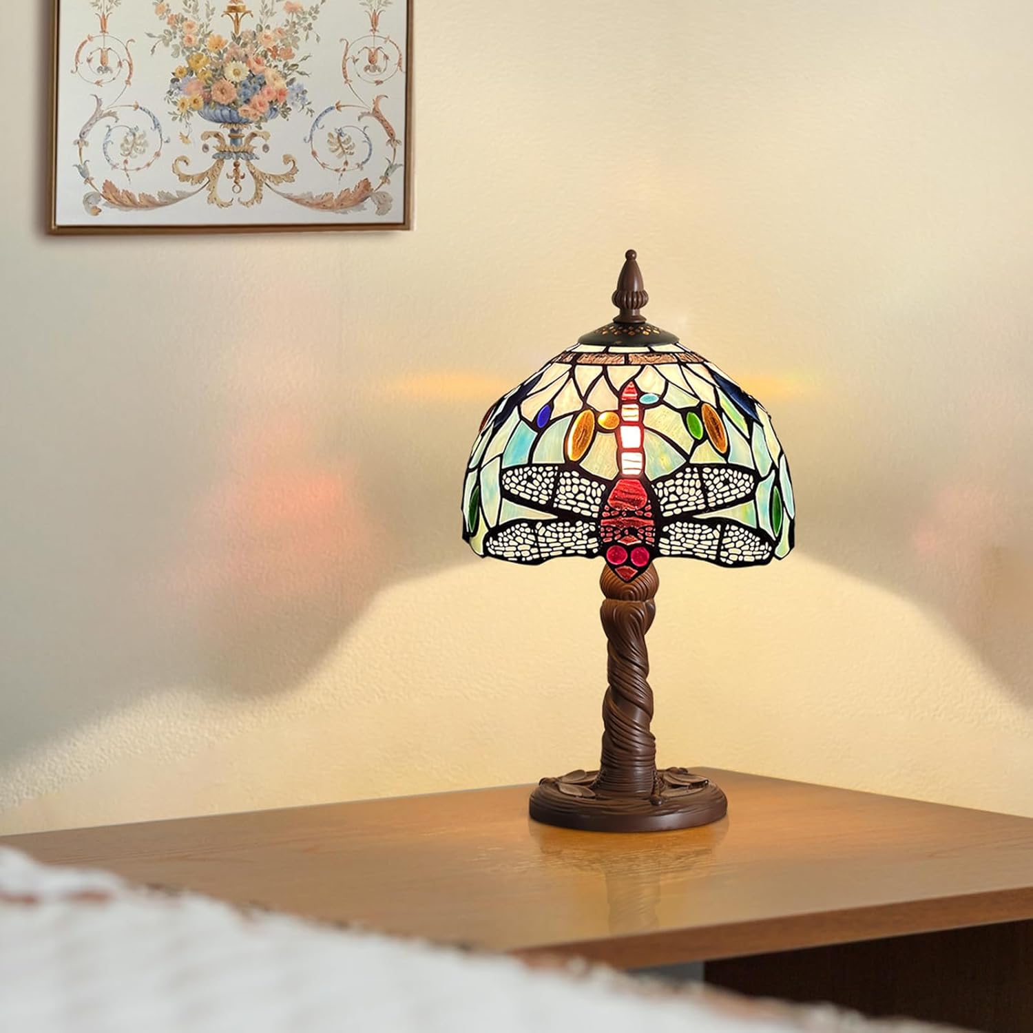 Capulina Tiffany Lamp Stained Glass Table Lamp,8X8X16 Inches Fine Sky Dragonfly Tiffany Style Desk Lamp for Living Room Bedroom Study Home Office