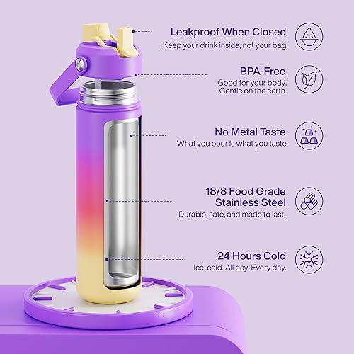 Miniatura 388 de ENCOOL Botella de agua aislada con popote, de acero inoxidable, a prueba de fugas, sin BPA, al vacío de doble pared que se mantiene fría durante 24