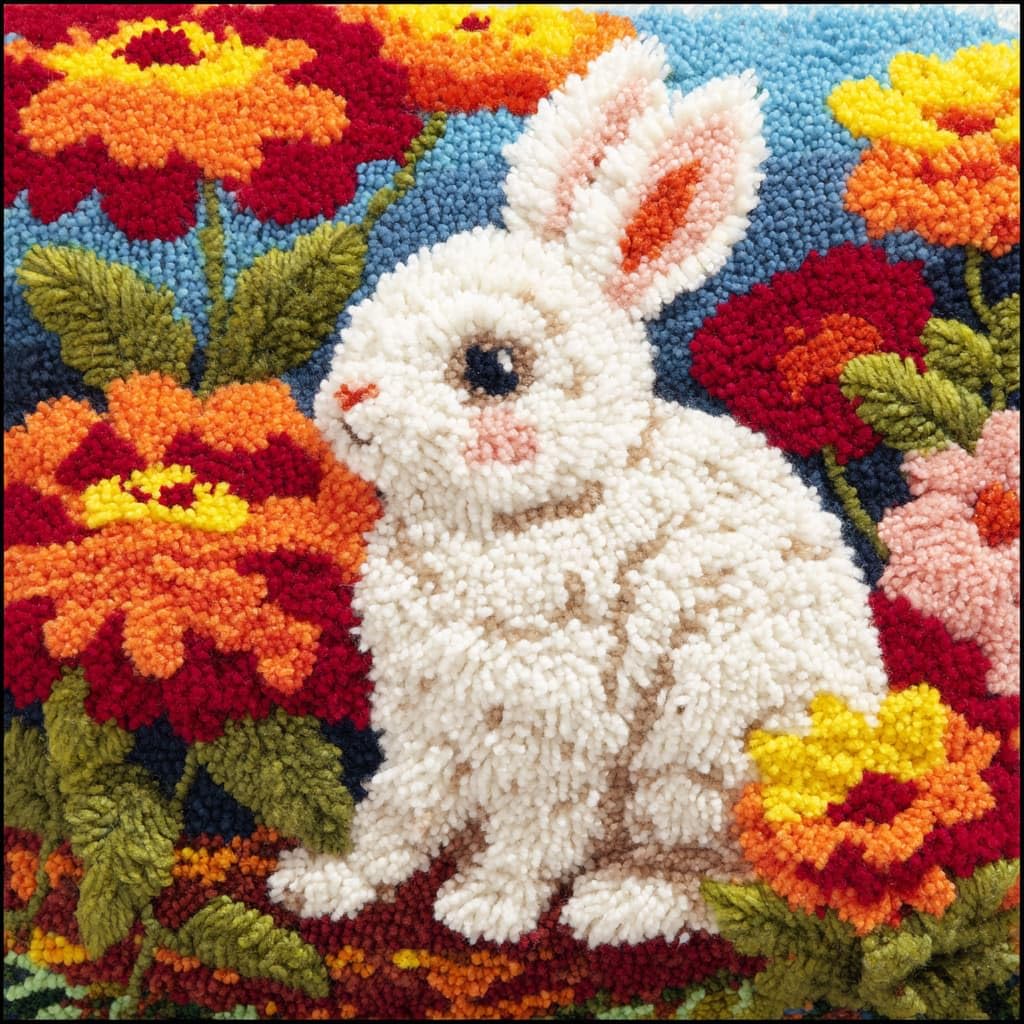 Henypt Latch Hook Cushion Kits Rabbits and Flowers