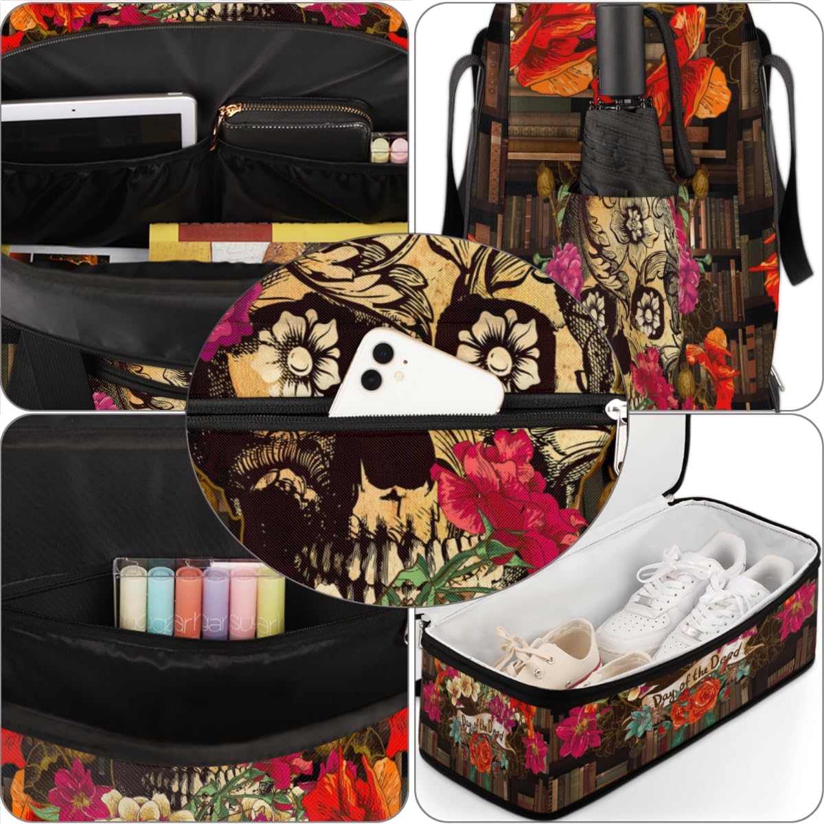 QsirBC Skulls Classic Theme Gym Bag for Women Duffle Tote with Shoes Compartment Men Weekender Duffel for Dance Travel Sports Swimming Overnight