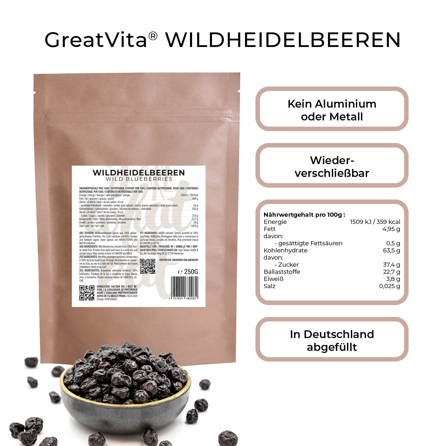 GreatVita Wildheidelbeeren gefriergetrocknet 500g - ganze knusprige Waldheidelbeeren ohne Zuckerzusatz - gefriergetrocknete Früchte - Freeze-Dried Wild Blueberries - Snack & Topping