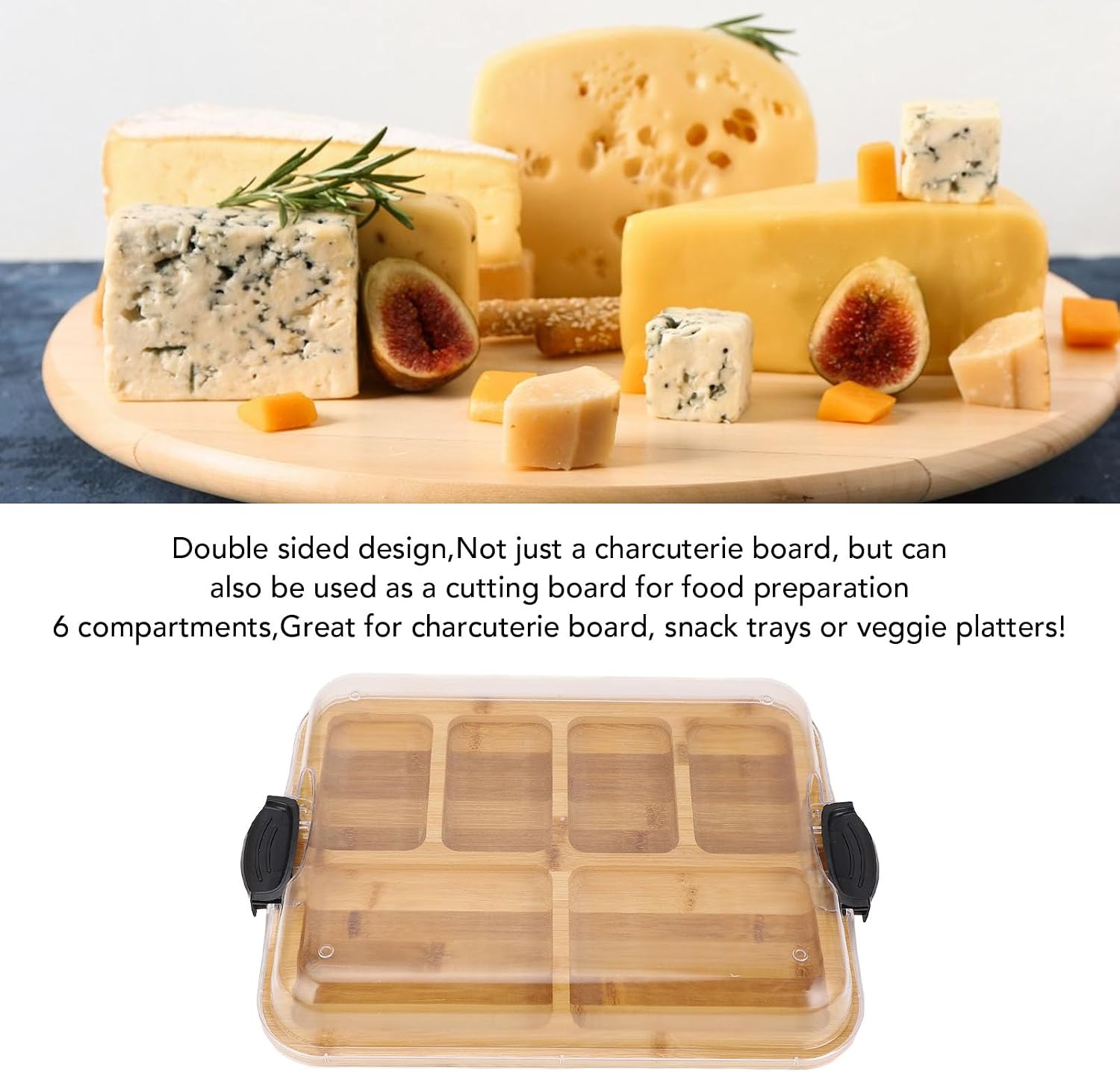 Charcuterie Board Bamboo Cheese with Lid Dual Sided Cutting with Compartments for Entertaining Serving Dining Bamboo Wood 14.2 x 11in