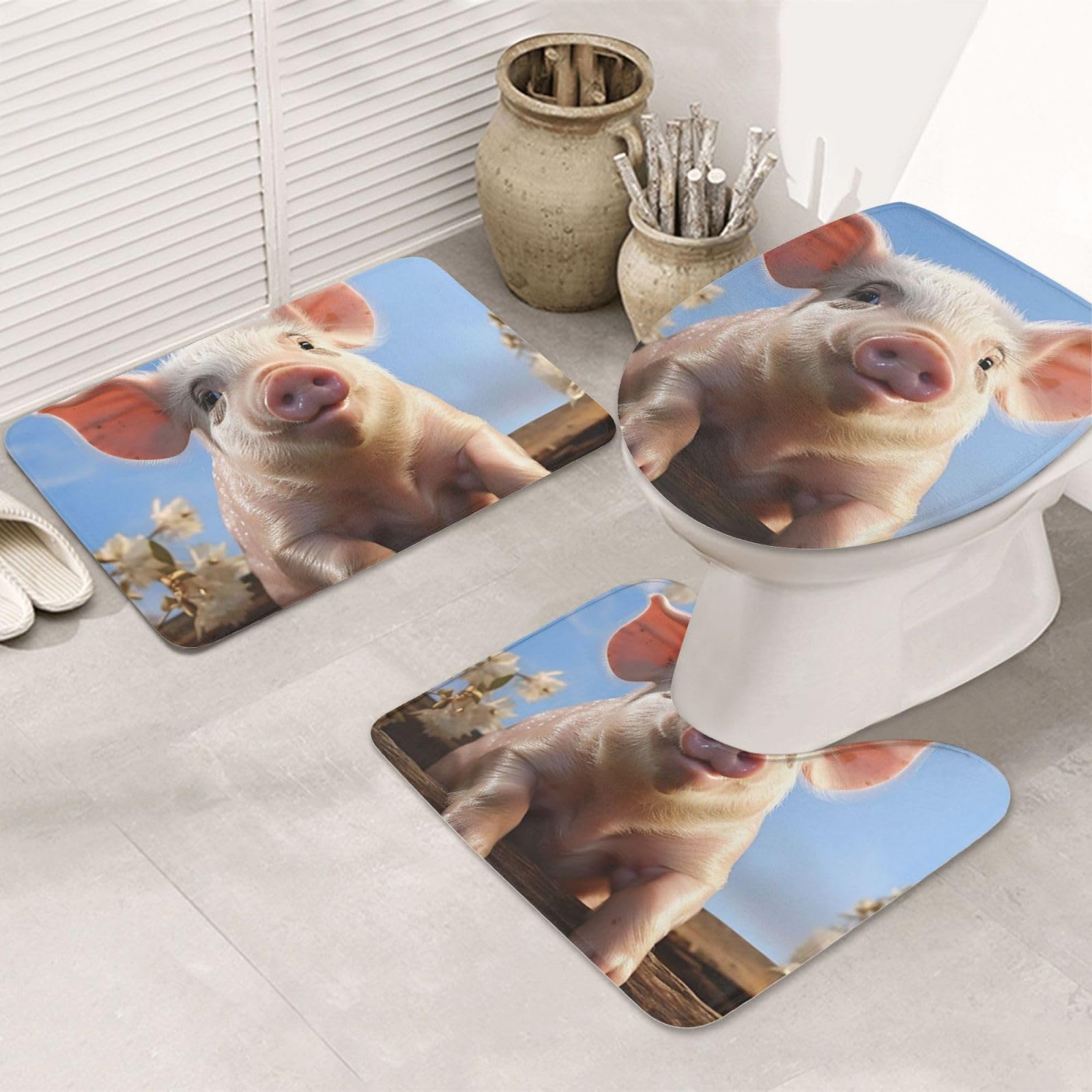 Lot de 3 tapis de salle de bain contour U microfibre absorbante lavable Cute Pig