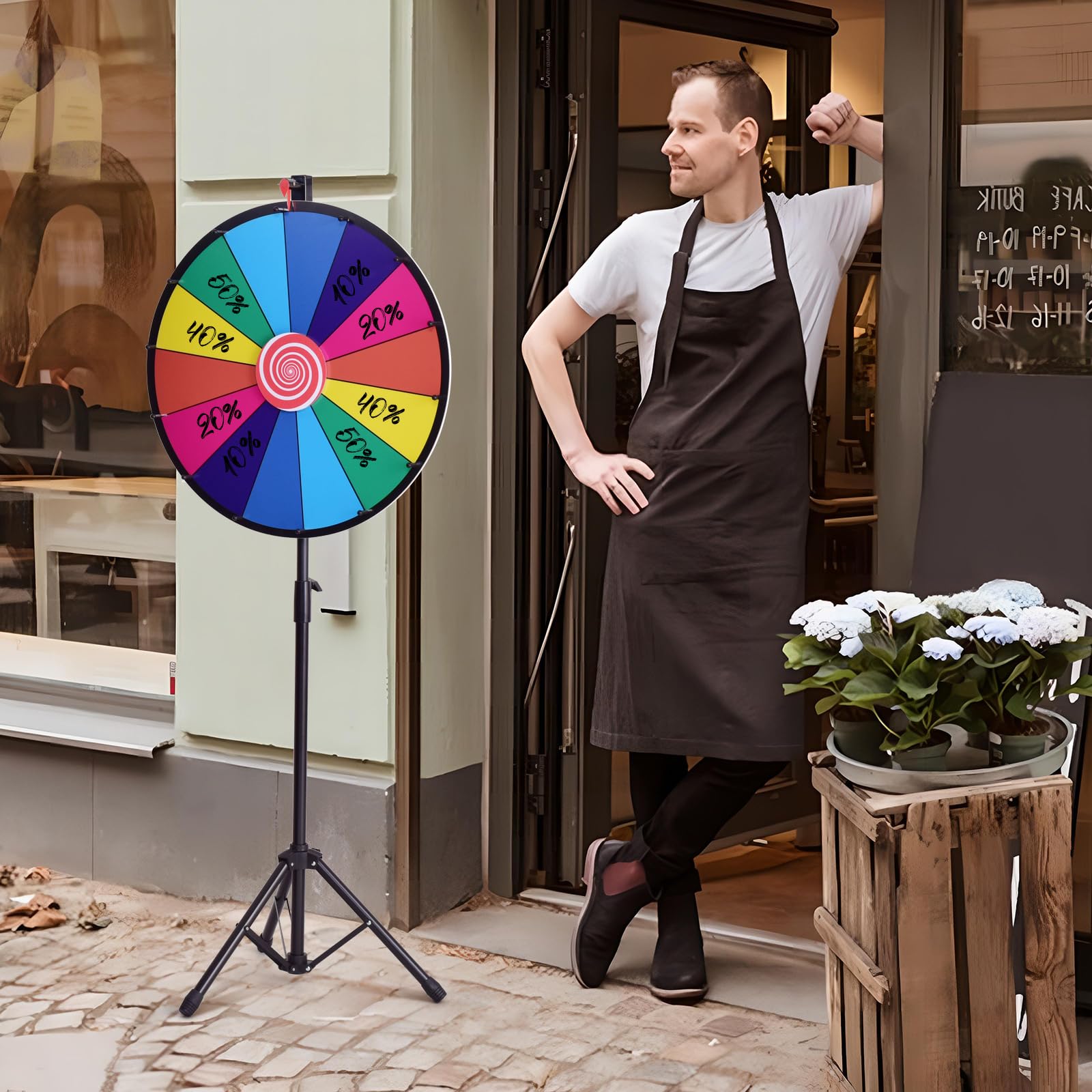 GOPLUS Roue de la Fortune 24 Pouces sur Pied, Prize Wheel 14 Grilles, Hauteur Réglable, avec Stylo Effaçable, Gomme et Pointeur, Trépied Stable et Antidérapant, pour Fêtes, Loterie et Activités