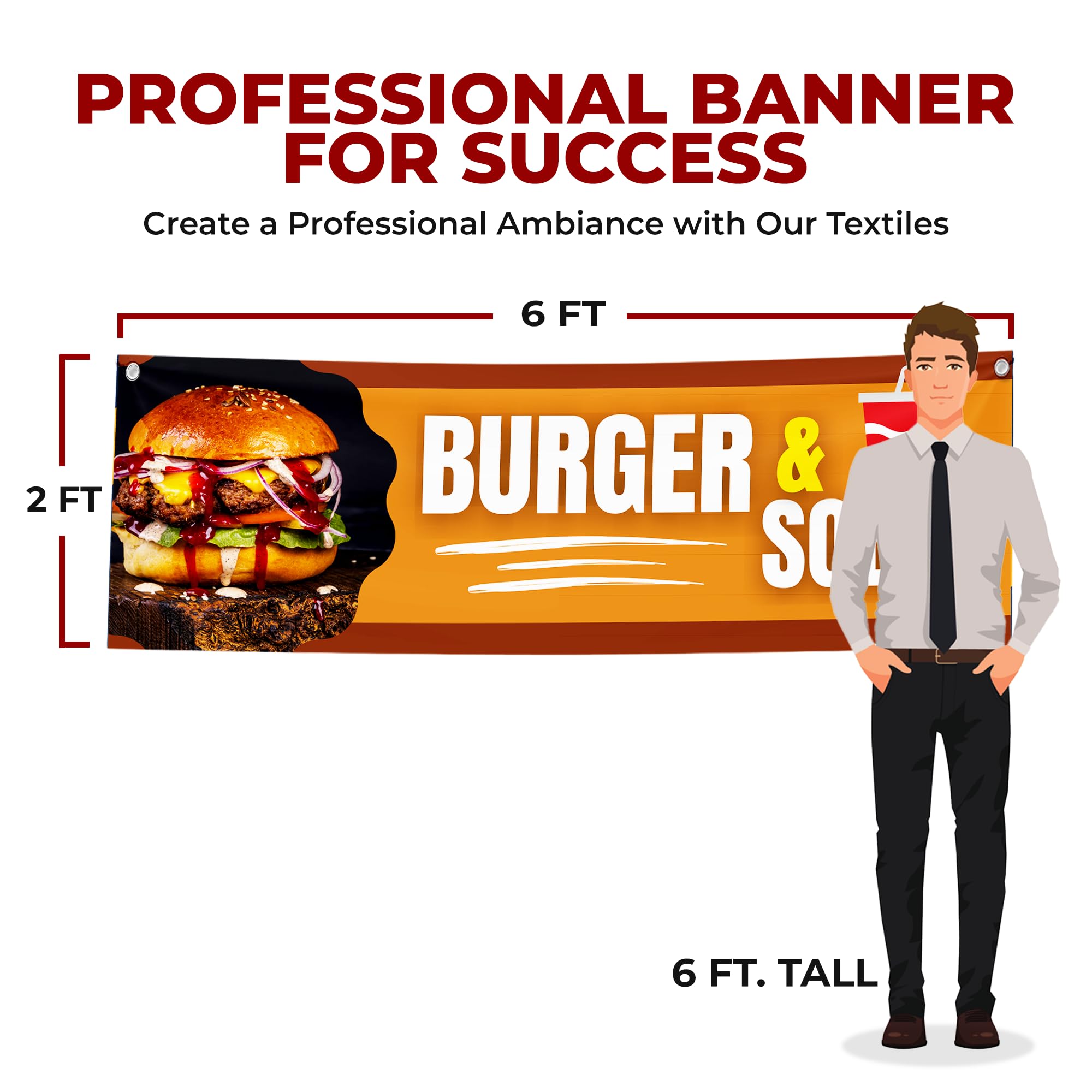Mavis Print - Pancartas y carteles grandes de hamburguesa y refrescos para exteriores de poliéster con 4 agujeros para colgar fácilmente en interiores y exteriores, pancarta HD de 6 x 2 pies para