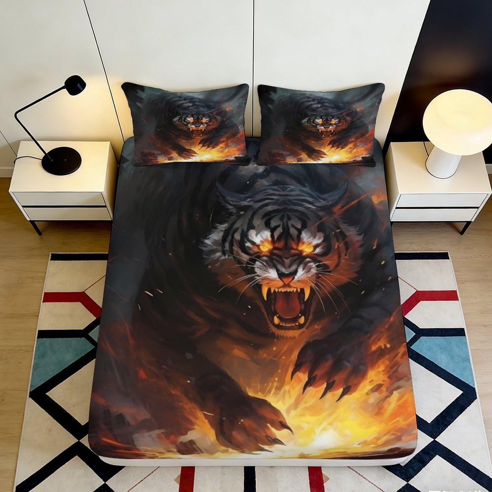 3D Printed Fiery Tiger Fitted Sheet Microfiber Soft Durable Black and Orange Bed Cover for Bedroom Dormitory Guest Room Mattress Protection 140x200x25cm