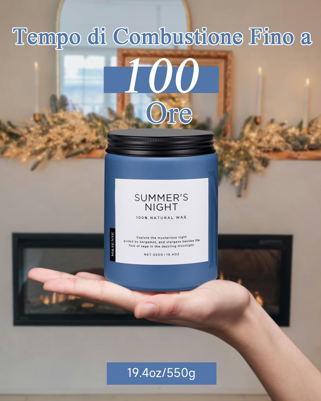 M&SENSE Candela profumata Notte d'estate, candela in cera naturale per la casa, candela media a 2 stoppini per uomo,550g fino a 110 ore di combustione, candele maschili per la camera da letto