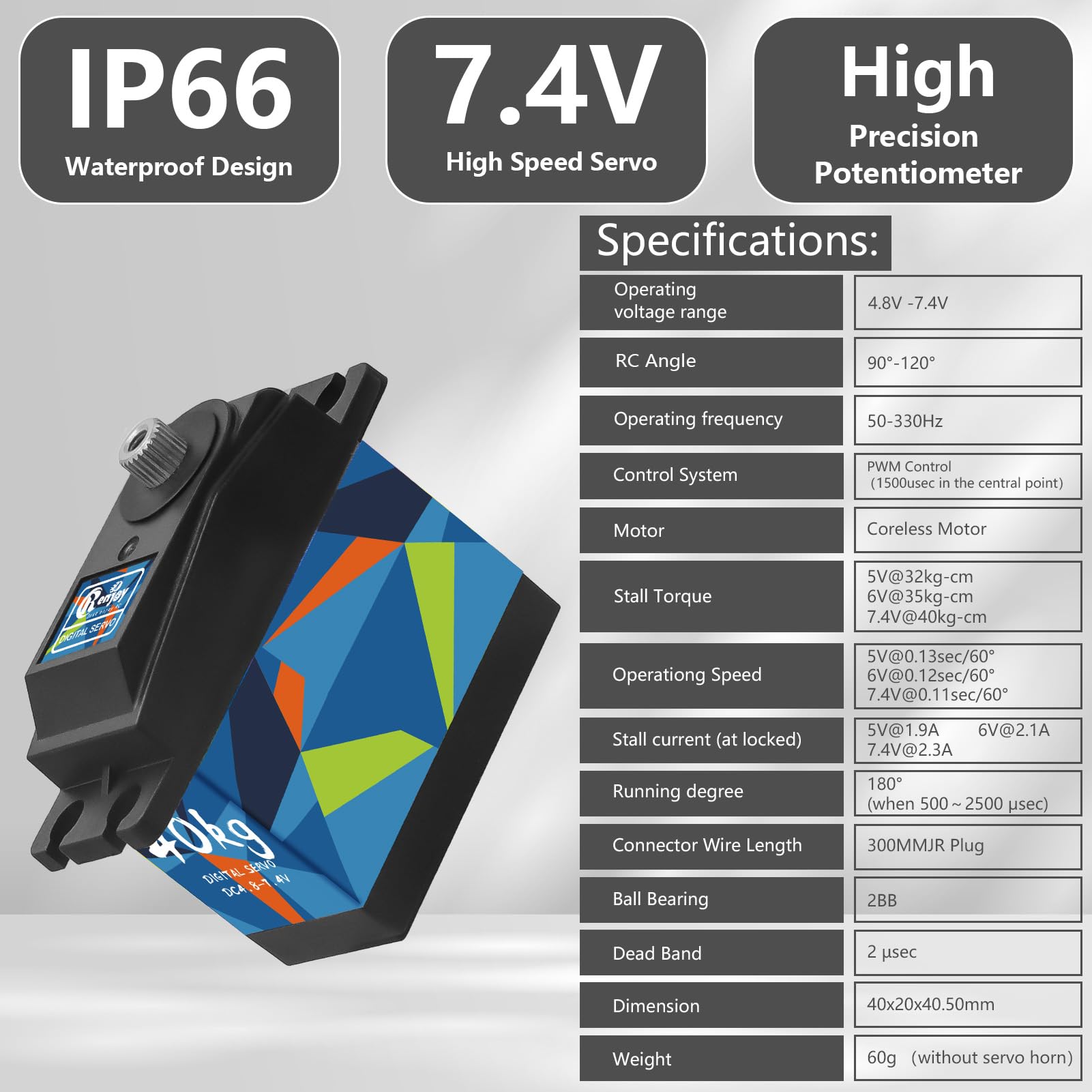 RCENJOY RC Digital Servo, 40KG Coreless Servo 8.4V High Torque Servo with 25T Servo Horn for 1/12 1/10 RC Car RC Crawler Robot Boat, 270° Control Angle 1 PCS