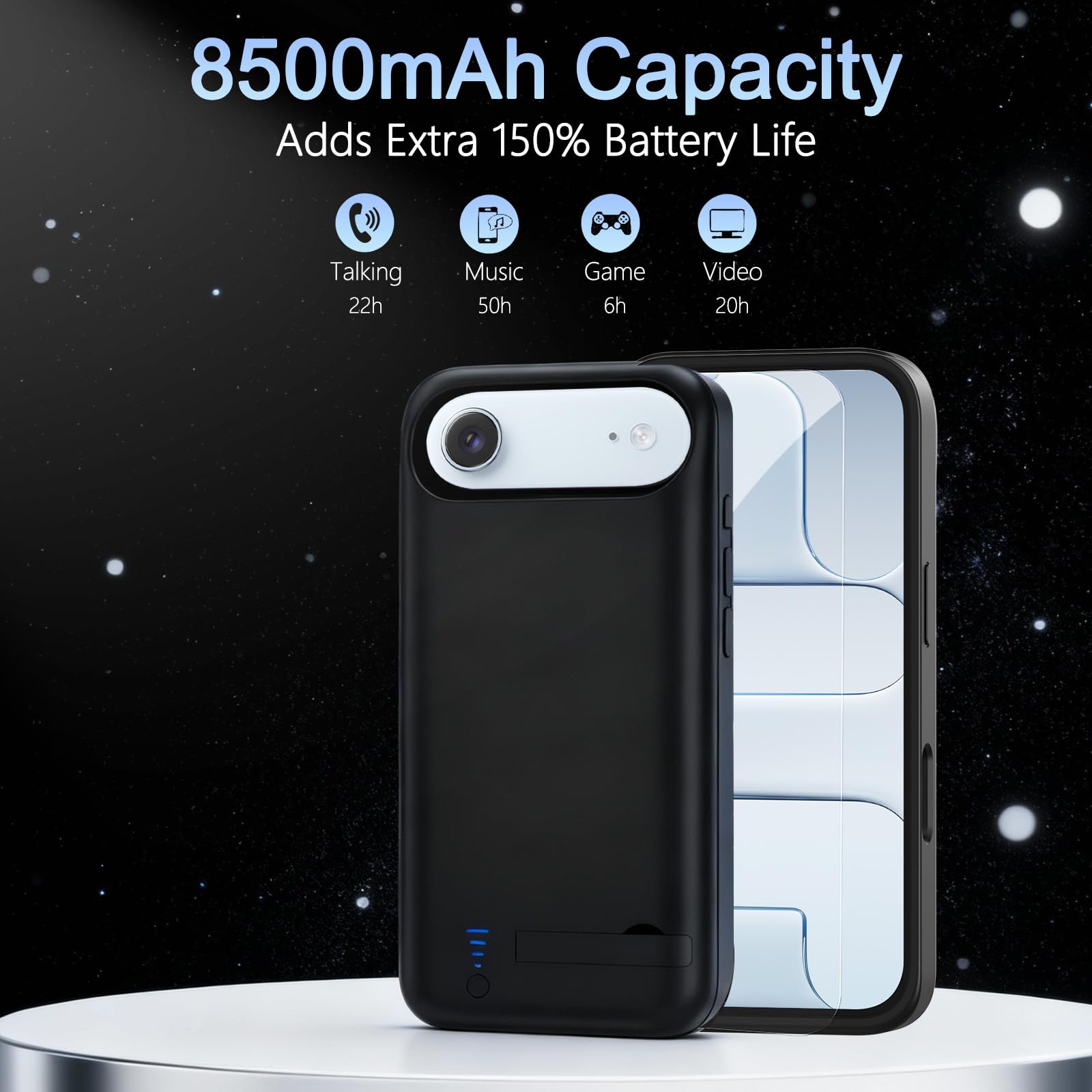 Cover Batteria per iPhone 17 Air(6,5"), 8500mAh Custodia Batteria Protettiva a 360° per Caricabatterie Portatile con Supporto, Power Bank Portatile Ricaricabile ed Espandibile (Nero)