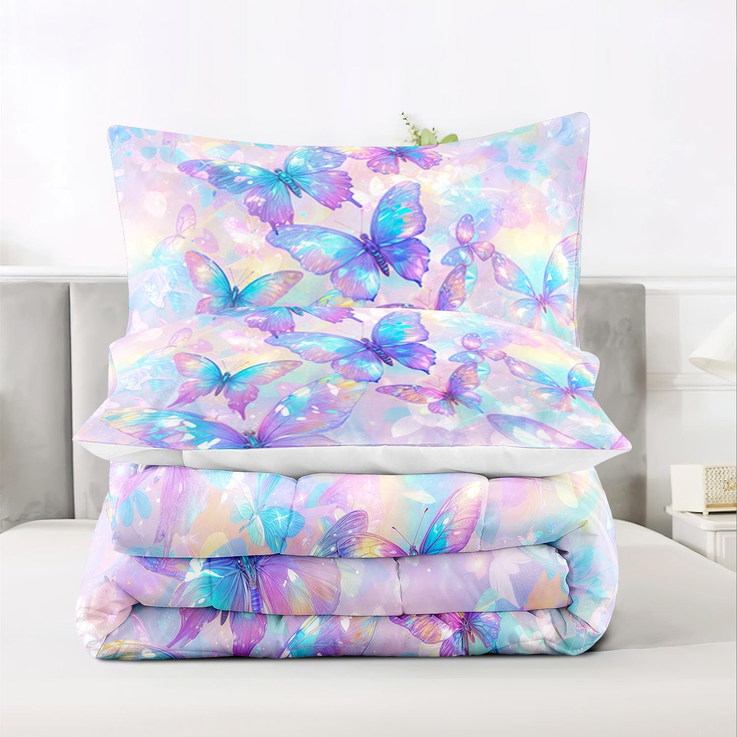 Raphus Cucullatus Pink Butterfly Comforter, Kawaii Queen Size Botanical Bedding