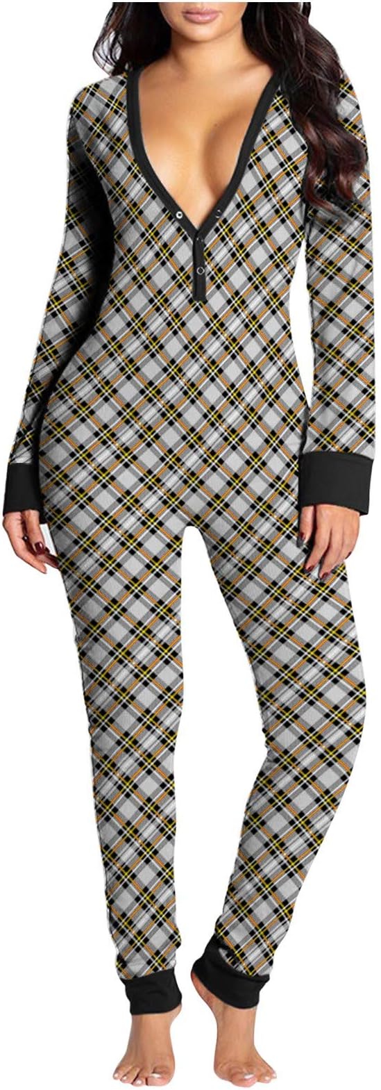 ZDFER Valentine's Day Ladies Jumpsuit with Fashion Check Print Design V-Neck Button Red Or Black Check Pajamas