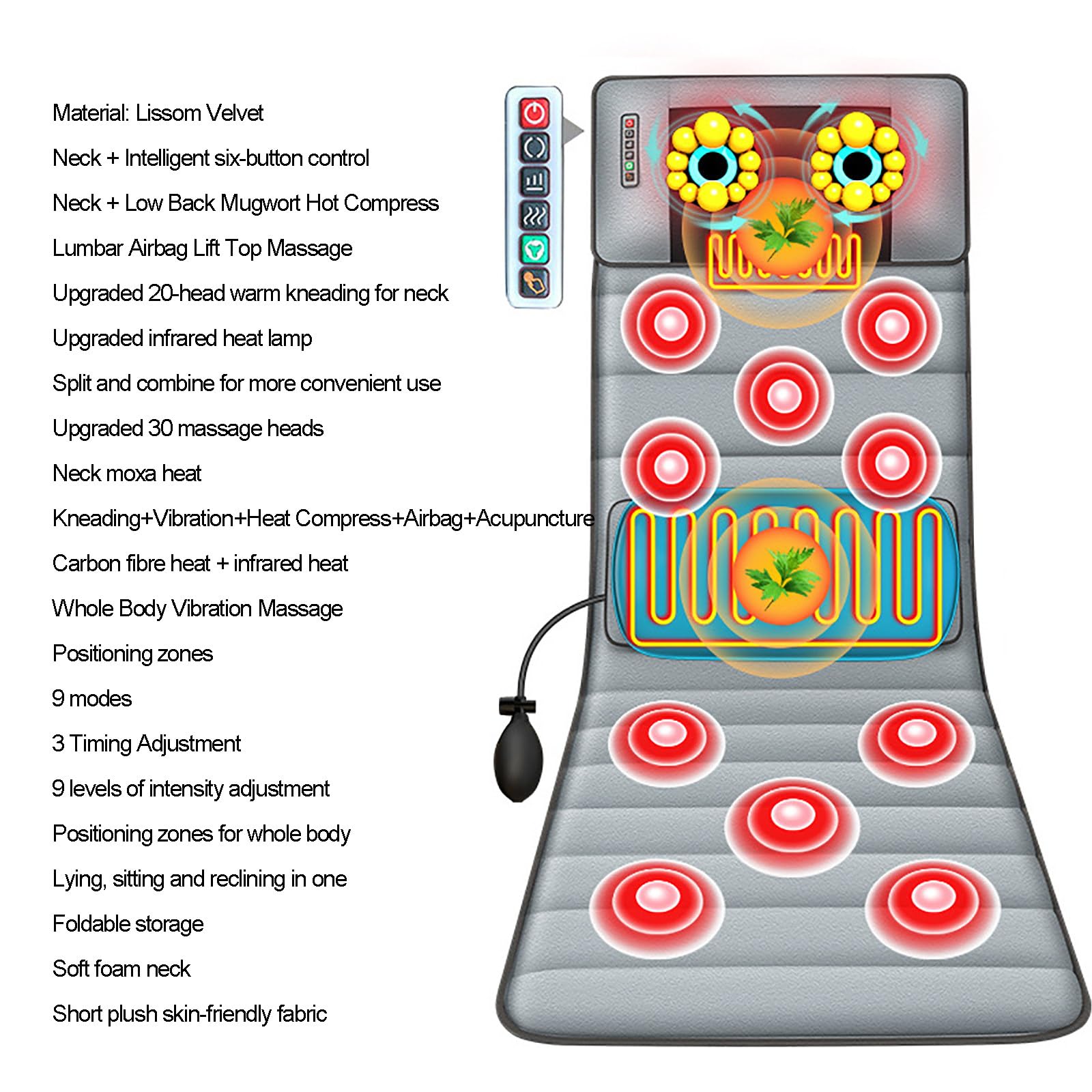 Esterilla de Masaje eléctrica de Cuerpo Completo con 30 Cabezales de Masaje de amasamiento Shiatsu para Cuello y 10 Motores vibratorios Que Proporciona Vibraciones Suaves para Promover la relajación