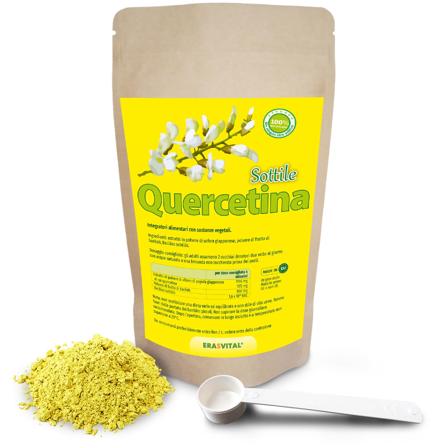 Quercetina Subtilis en polvo con acompañantes importantes - Baobab Fruta en polvo (un buen proveedor de vitamina C) y Bacillus Subtilis (para el equilibrio de la microflora intestinal). Vegano (500 g