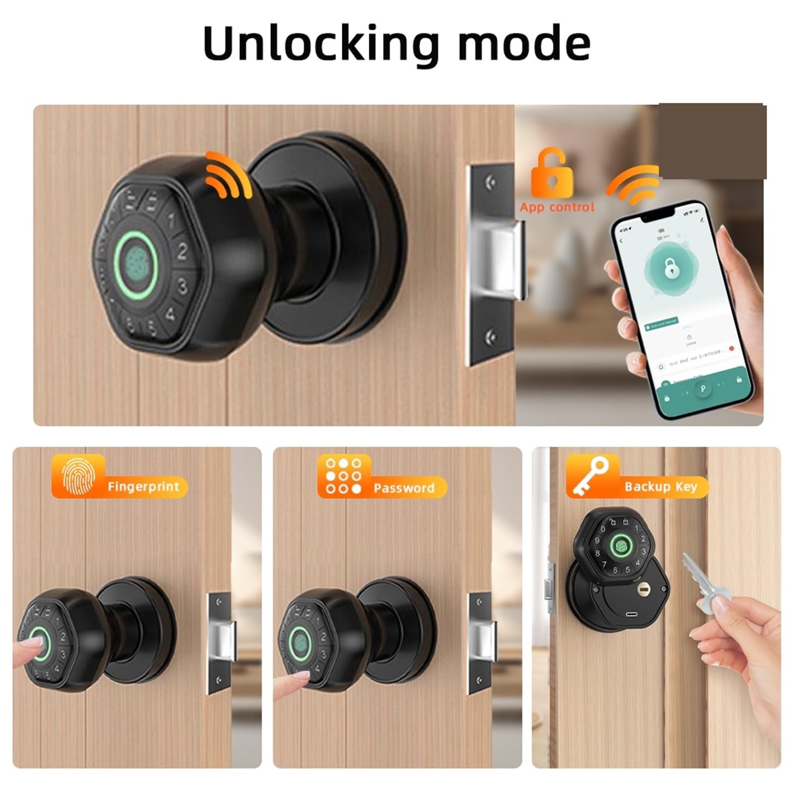 Serrure Connectée, Serrure de Porte Intelligente à Empreintes digitales, Bouton Rond avec Mot de Passe/clé/Application de déverrouillage,pour Chambres, Bureaux et hôtels(Zwart)