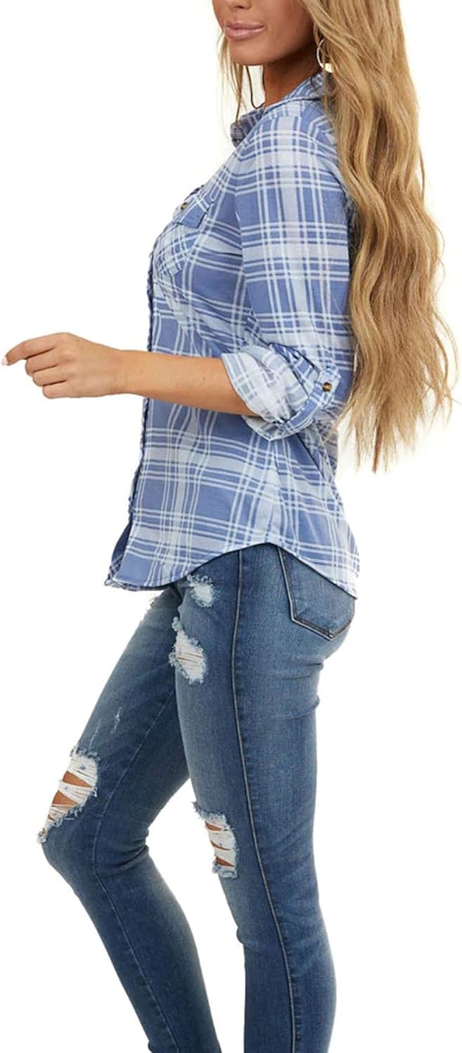 NUOREEL Women's Classic Plaid Flannel Shirt Button Down Roll Up Long Sleeve Casual Blouse Top - Image 3