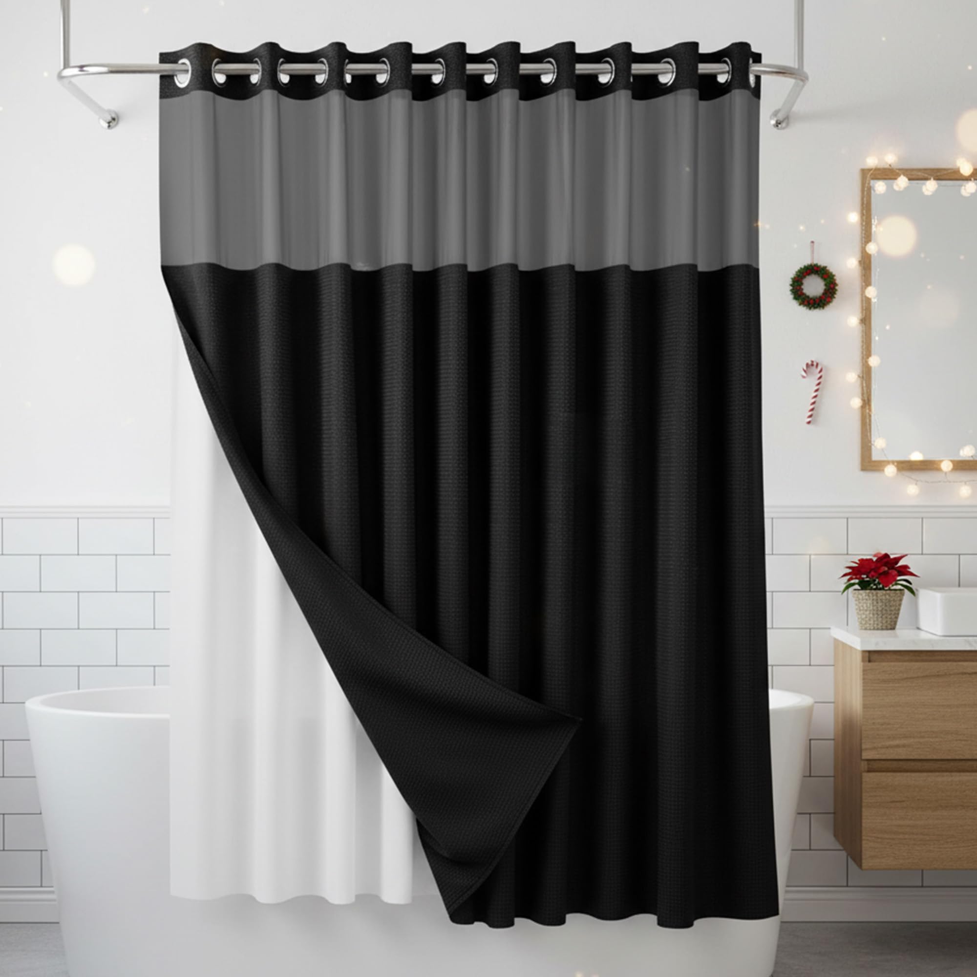 ARGIGU Rideau de douche à tissage gaufré sans crochets avec doublure à clipser Noir g