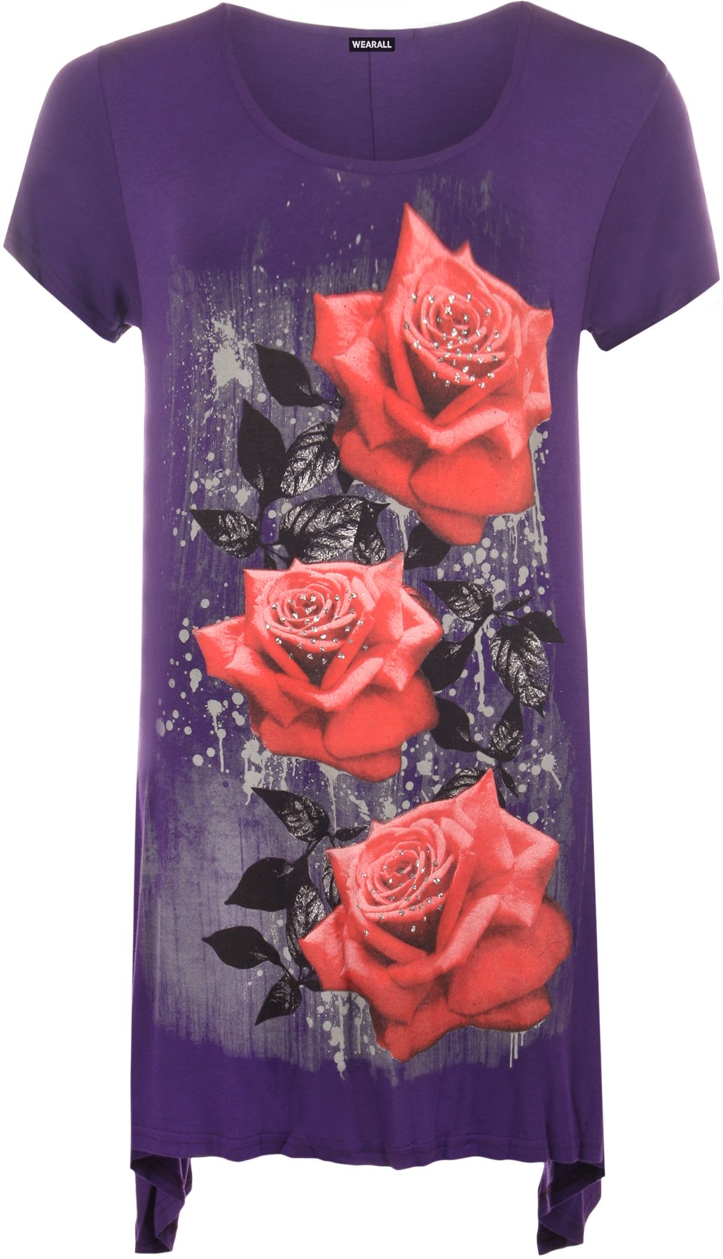 Wearall Women's Purple Plus Size Glitter Rose Print Hanky Hem Short Sleeve Long Top 26/28
