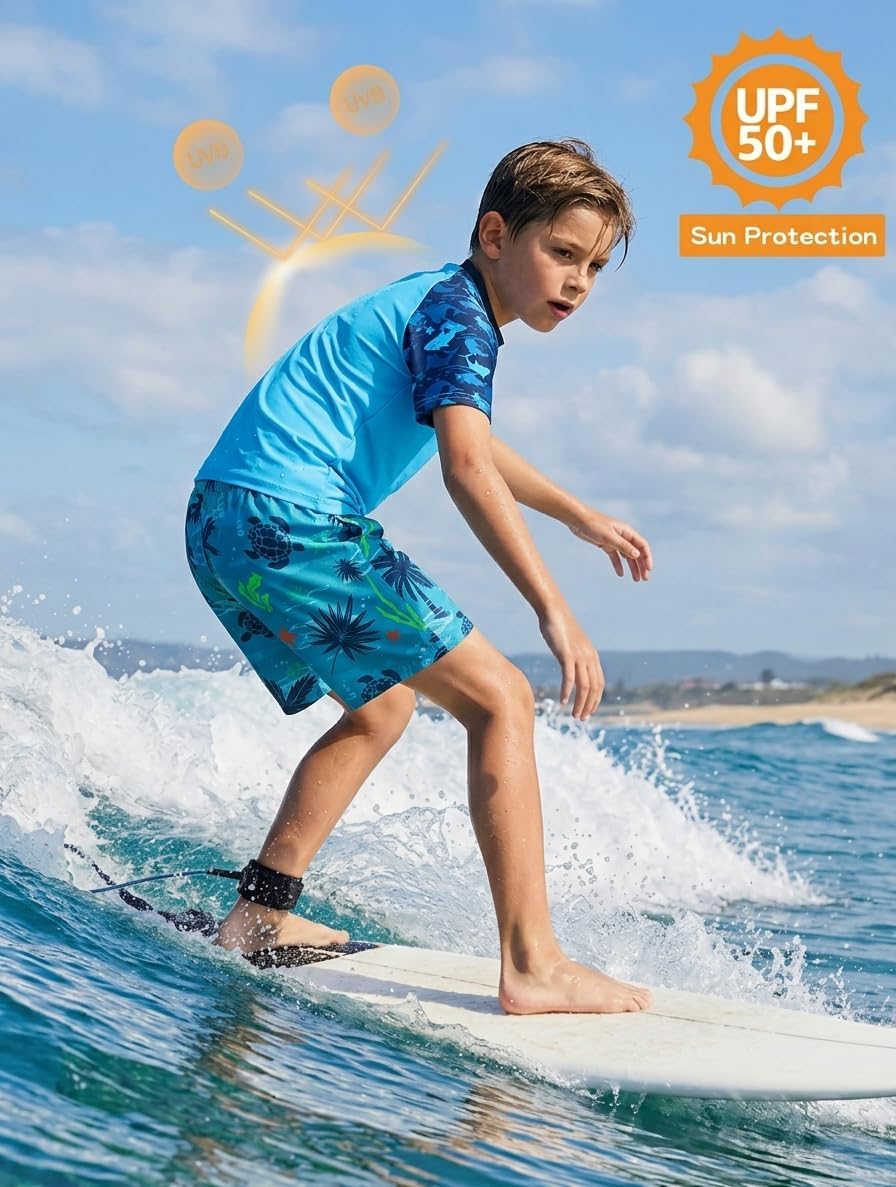 Boys Swimsuit Rash Guard Kids 2 Piece Bathing Suit UPF 50+ Short Sleeve Swim Shirt & Trunks with Compression Liner