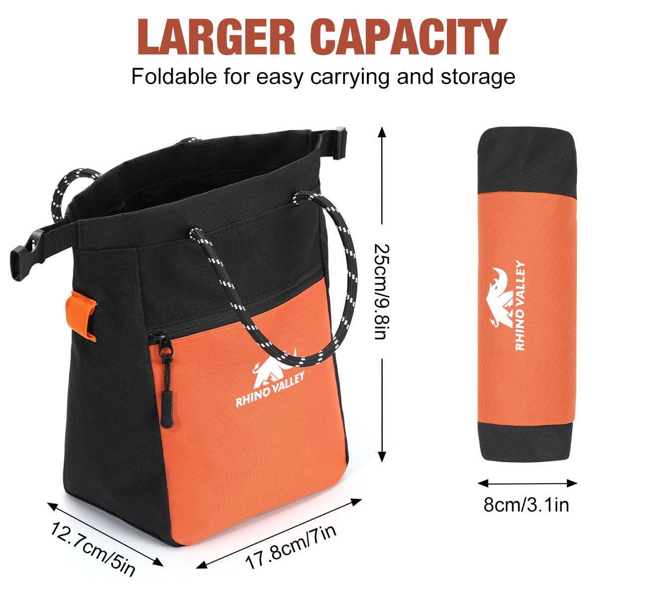 Rhino Valley Torba na Magnezję do Wspinaczki i Boulderingu (Chalk Bag)–Paskiem Regulowanym, Kieszeń na Zamek, Szerokie Otwarcie, Torba na Kredę Boulder, Gimnastyki i Fitness, Czarny/Pomarańczowy