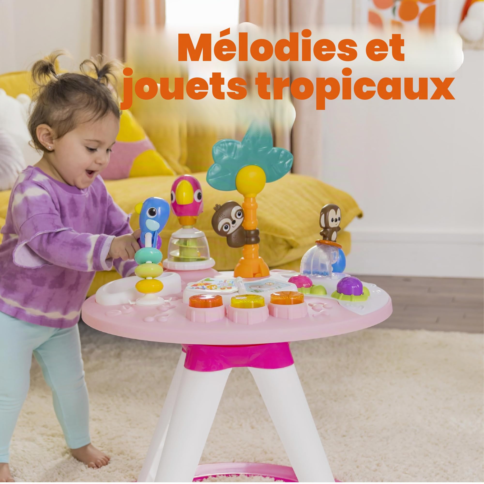 Bright Starts, Table et Siège Tournant, Centre d'Activités 2 en 1 Around We Go avec Sons et Lumières, 10 Jouets D'activité, Trotteur Musical pour Apprentissage de la Marche, Rose, à partir de 6 Mois
