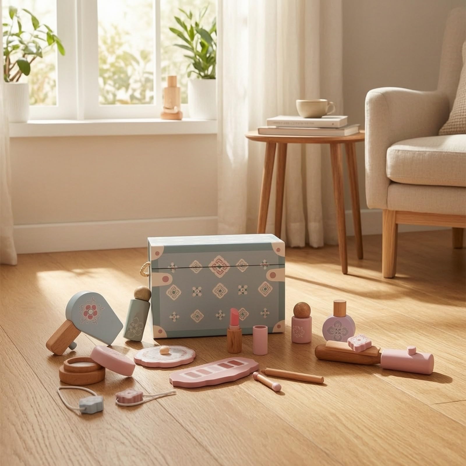 Valigetta Trucco per Bambini tile Finto, Set Bellezza in Legno con Accessori, Educativo, Gioco D'imitazione, per Cameretta, Tavolo da Toeletta