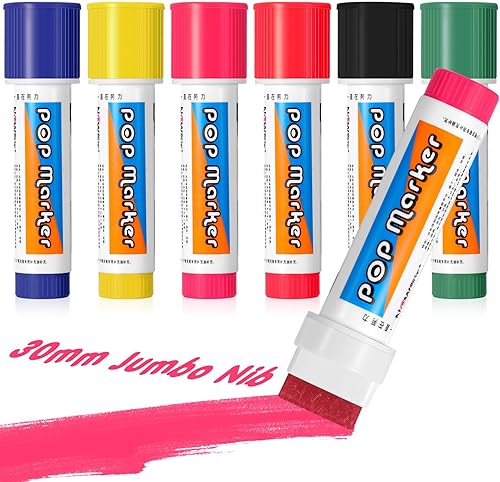 Jetec 6 marcadores de pintura acrílica de 1.181 in, punta de fieltro, marcador jumbo de color, impermeable, tinta permanente, marcadores de vidrio