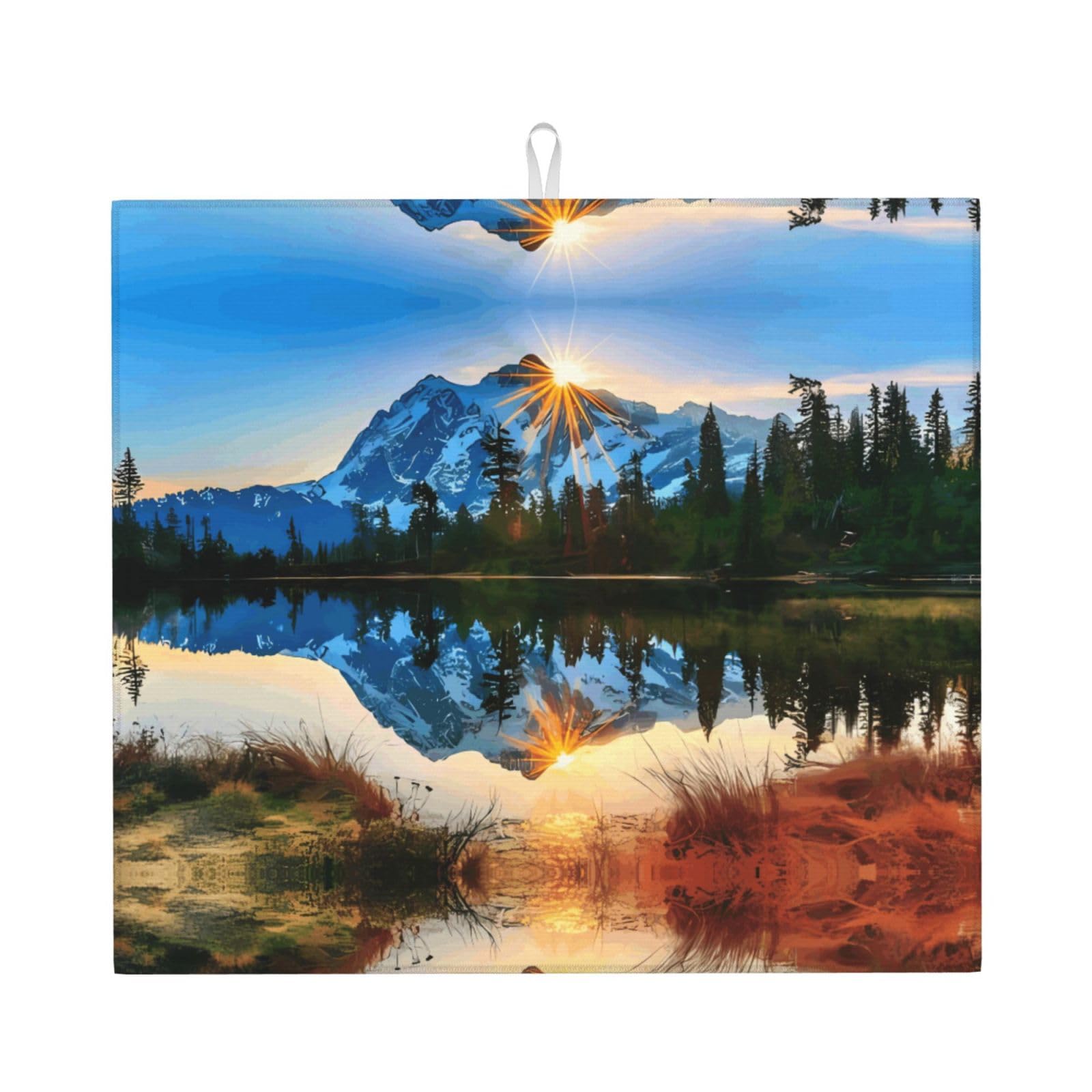 YYHWHJDE Mountain Sunrise Prints Kitchen Drying Mat – Absorbent Dish Throw, Non-Slip Countertop Layer with Vibrant Prints, Ideal for Housewarming