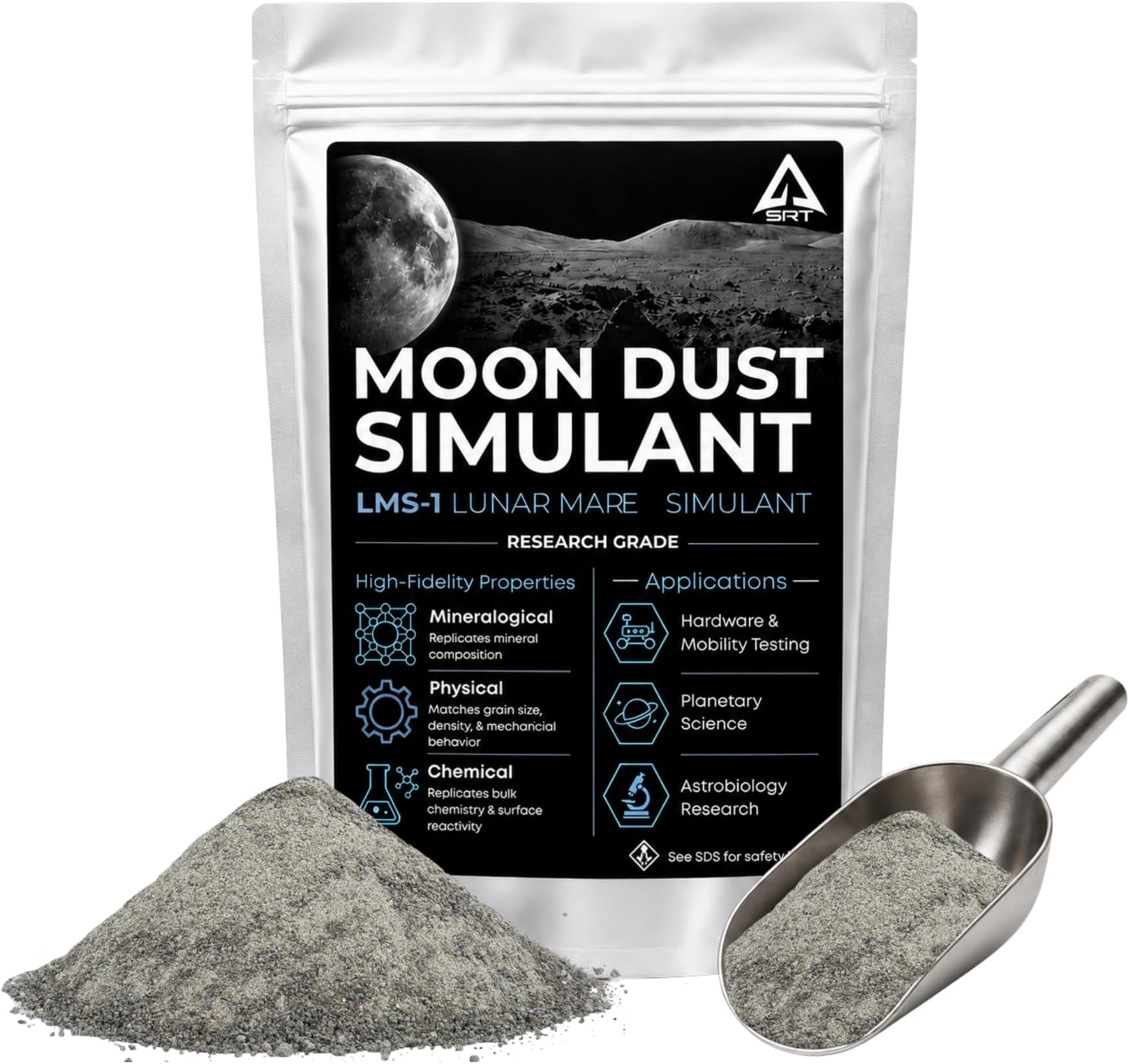 Lunar Mare Regolith Simulant LMS-1 โ Moon Soil Simulant for Research, Hardware Testing, Rover Studies, Lunar Surface Testing, and Advanced Education (1, Kilogram)