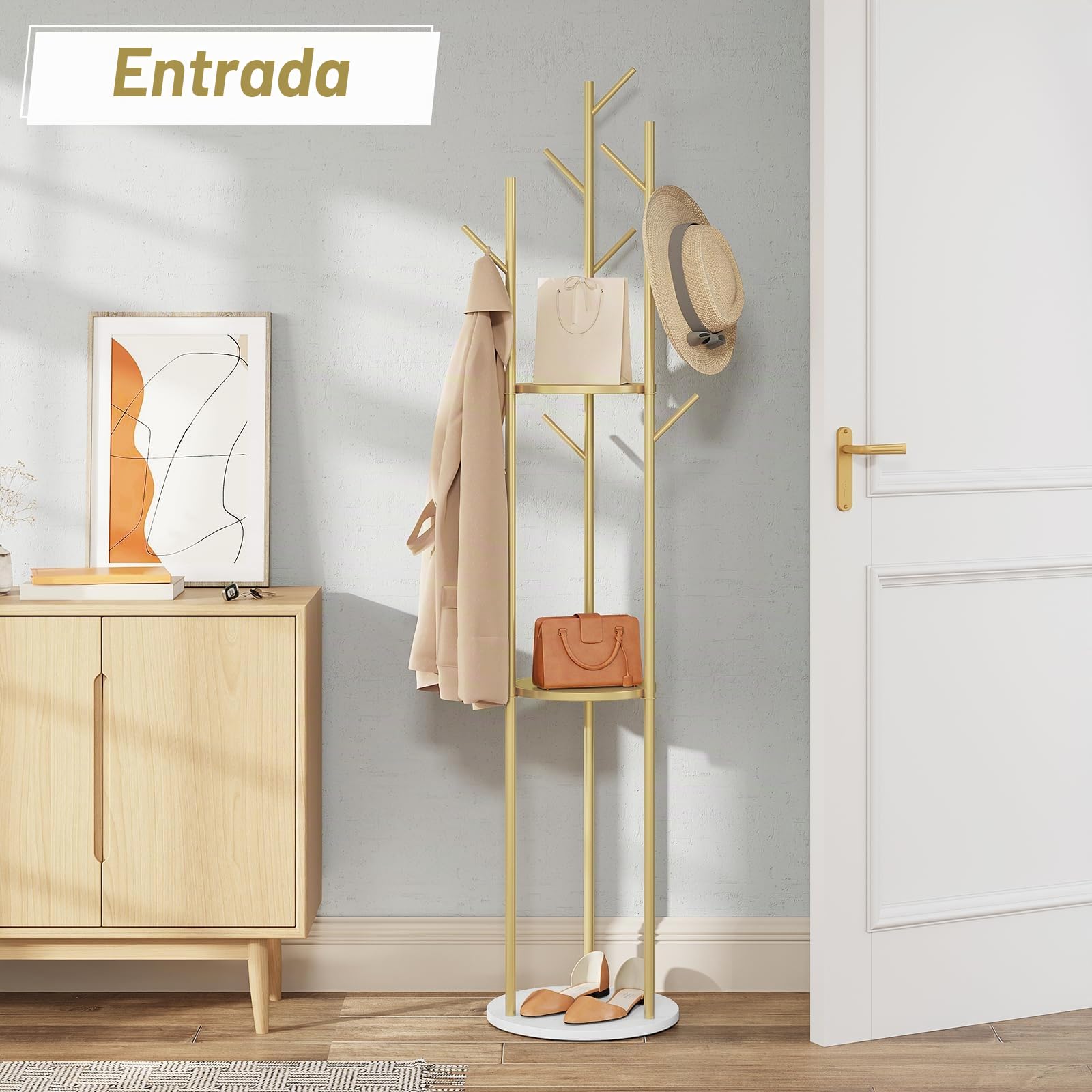 eSituro Perchero de Pie, Perchero Dorado, Perchero Recibidor 3 Estantes de Mármol y 9 Ganchos, Percha Resistente, Colgador Ropa Metálico, Perchero Burro para Entrada, Dormitorio y Salon, 173x35 cm